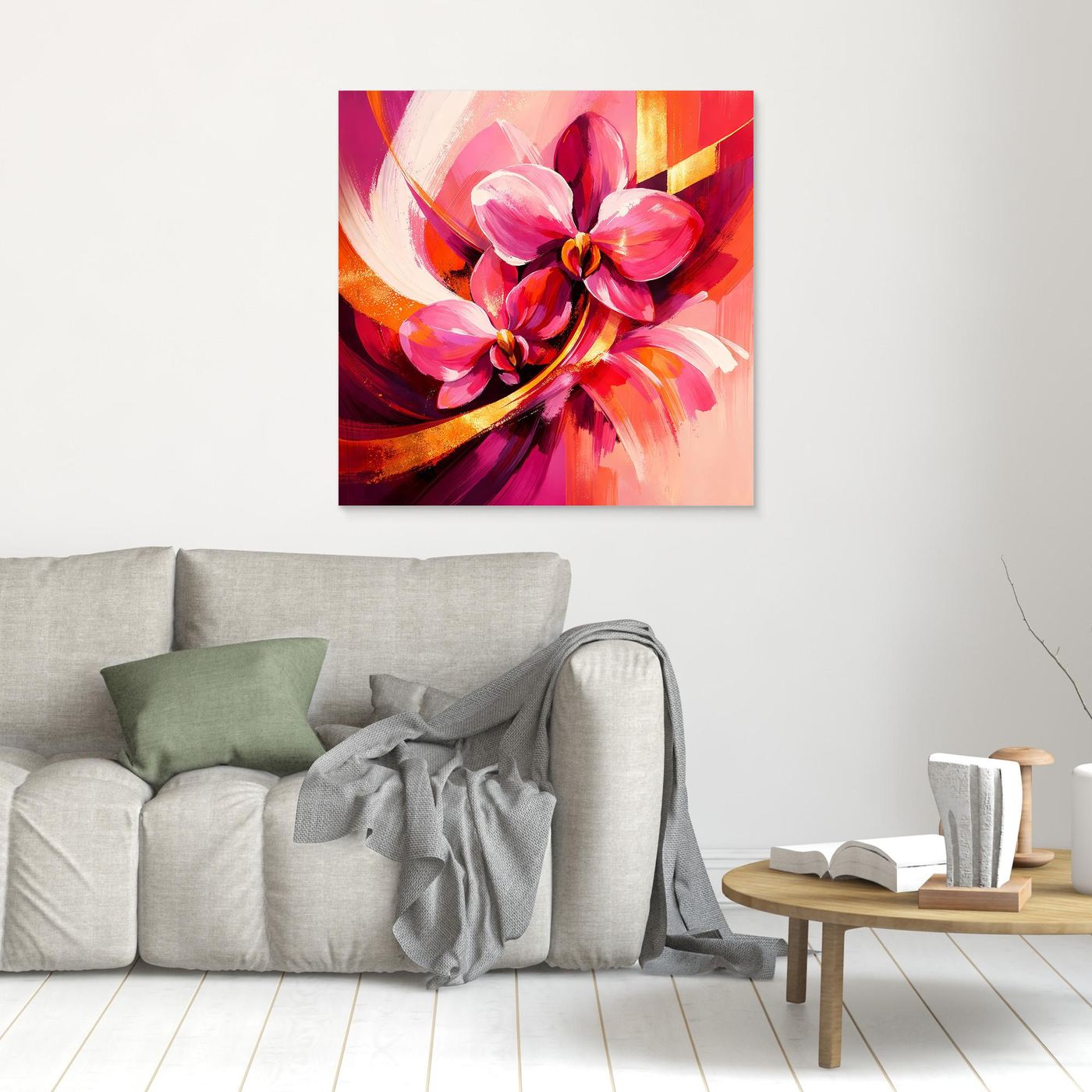 Kleines, gerahmtes Leinwandbild mit abstrakten Orchideen in Pink, Rot und Gold