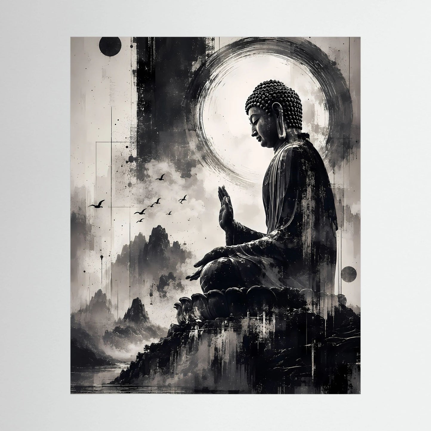 Schwarzweiße Buddha-Zen-Kunst als Hochformat-Poster mit meditierender Statue