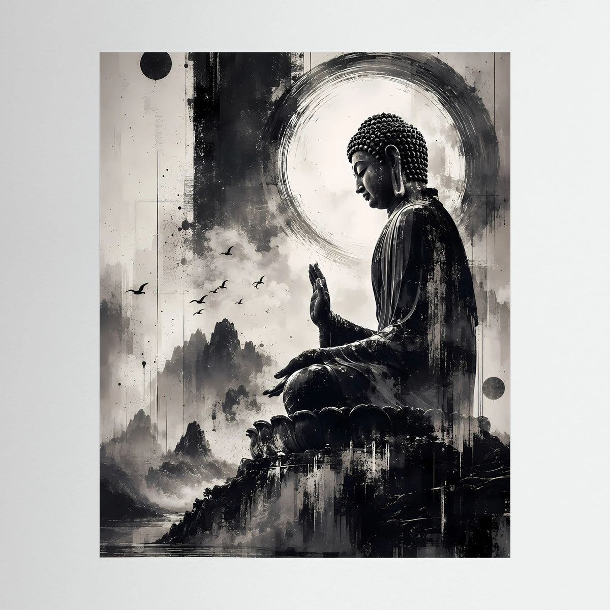 Schwarzweiße Buddha-Zen-Kunst als Hochformat-Poster mit meditierender Statue