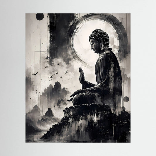 Schwarzweiße Buddha-Zen-Kunst als Hochformat-Poster mit meditierender Statue