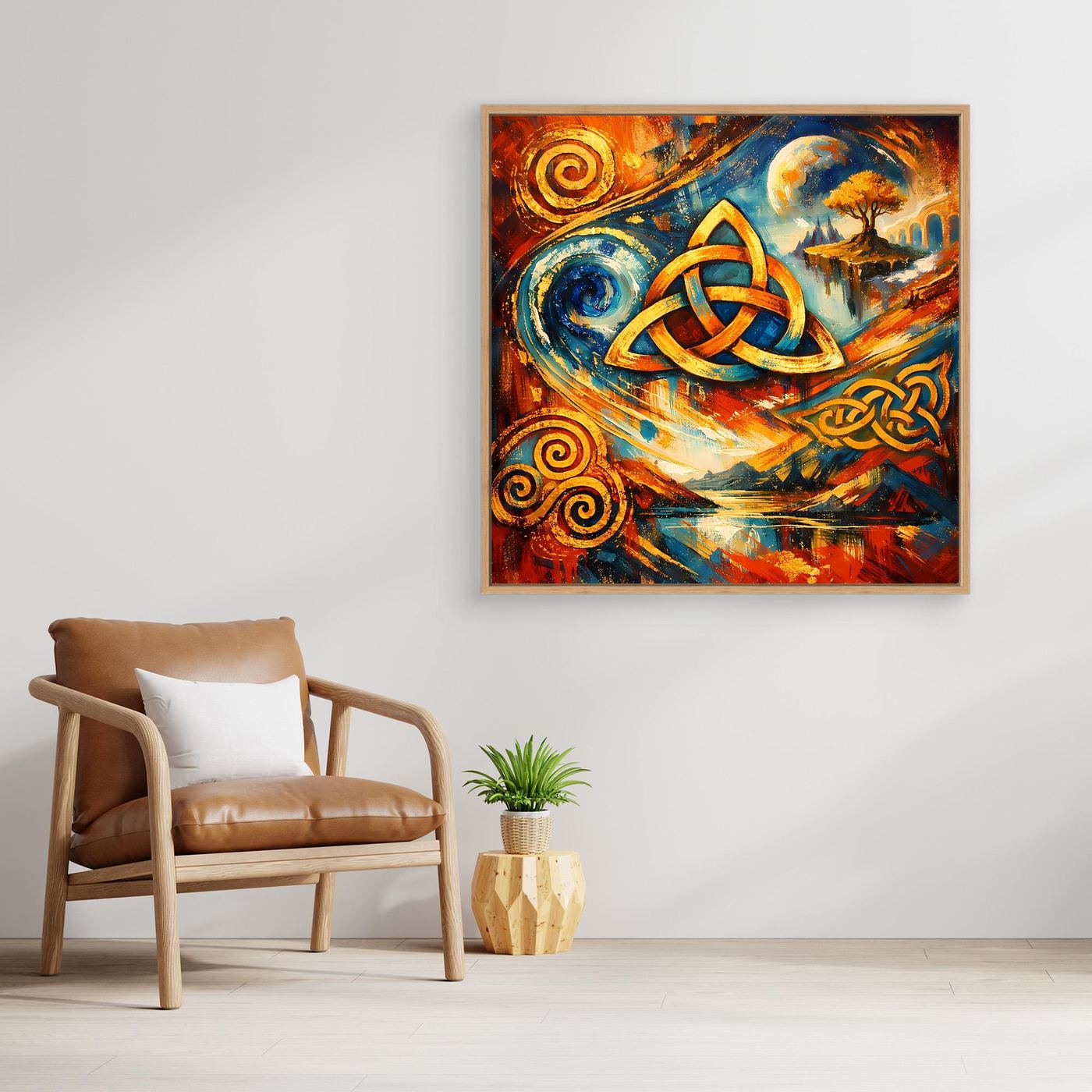 Gerahmtes Leinwandbild mit keltischer Triquetra und dekorativen Schleifen, Farbakzente in Blau und Orange.