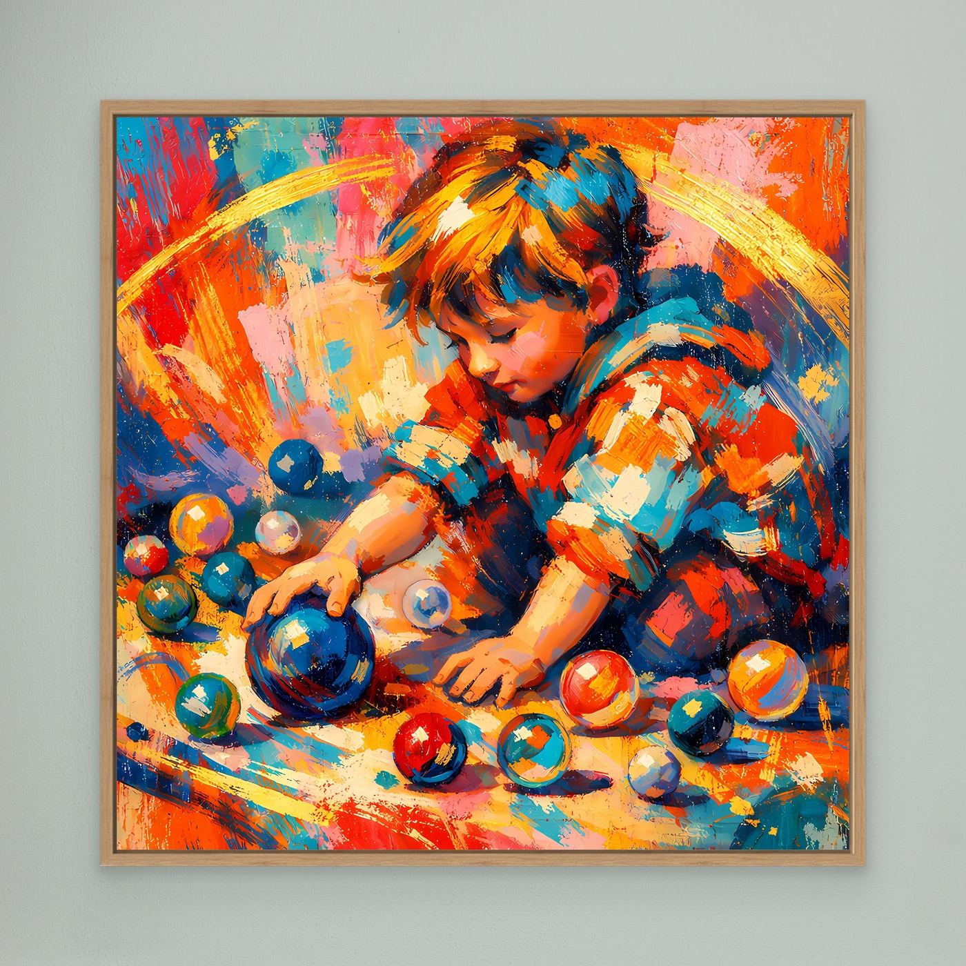 Leinwandbild Spielendes Kind mit bunten Kugeln, abstraktes Portrait, mit Holzrahmen
