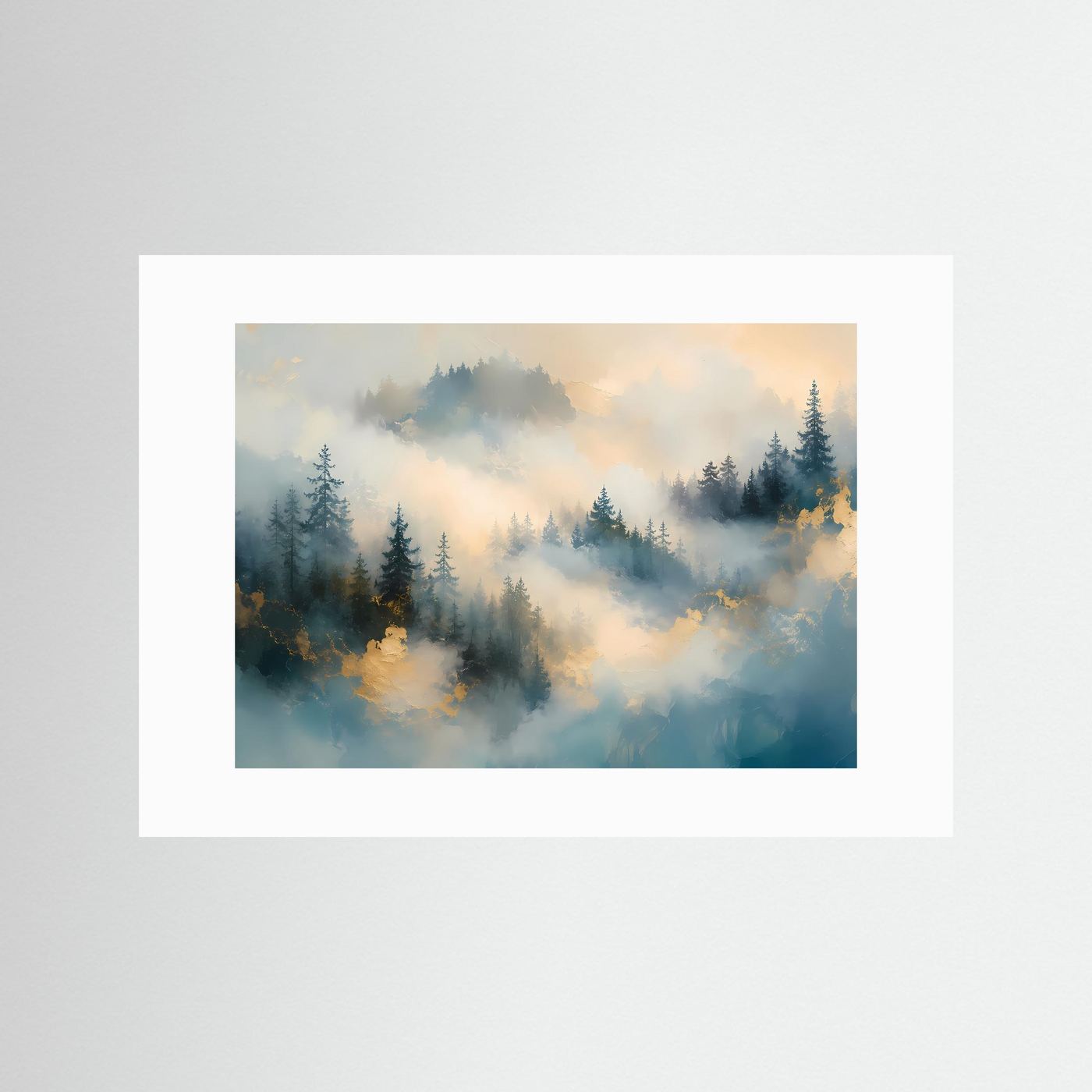 Nebelwald Poster | Mystischer Wald Wandbild | Abstrakte Landschaftskunst in Gold und Blau