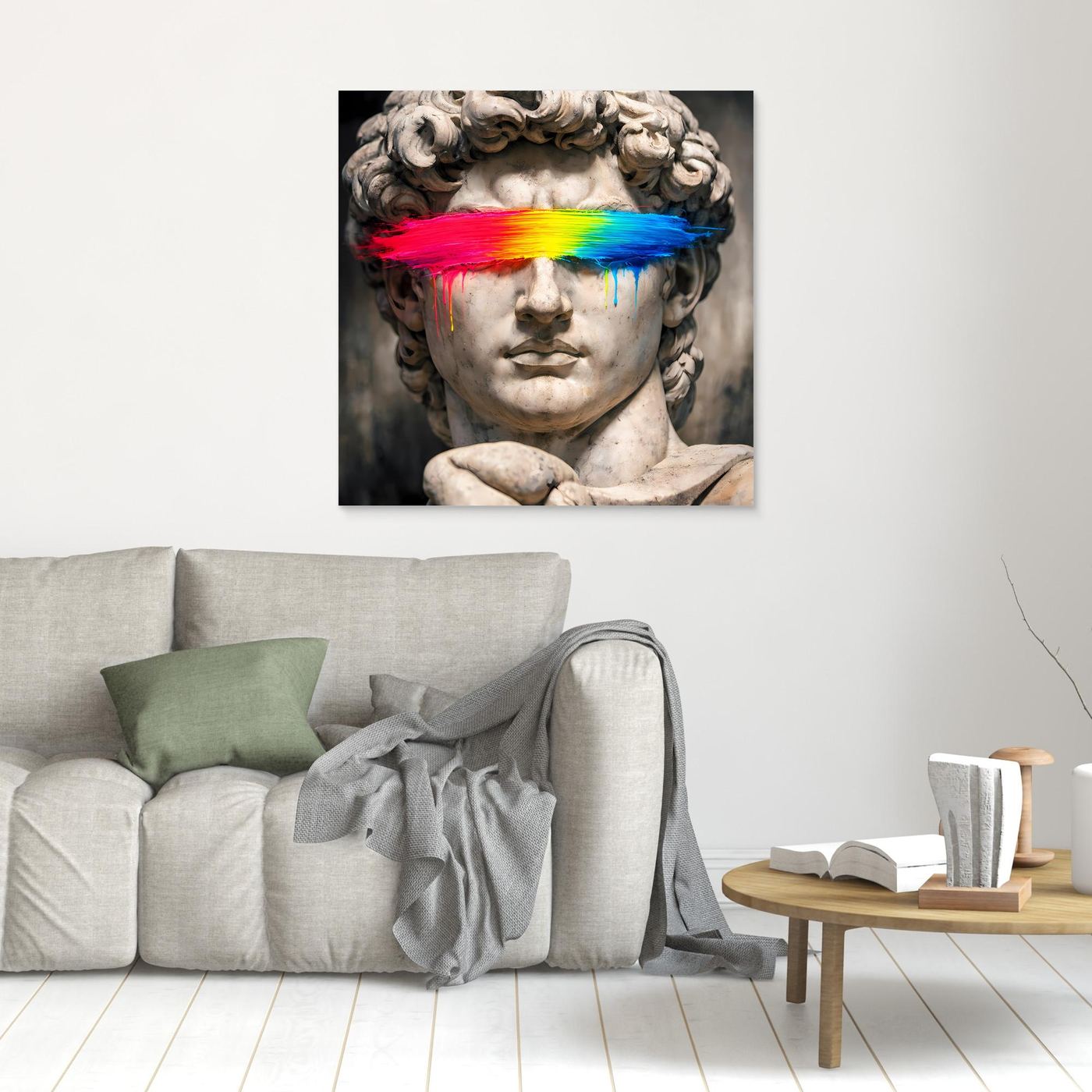 Leinwandbild der David-Statue mit Regenbogen-Farbbalken und Tropfen im schwarzen Rahmen