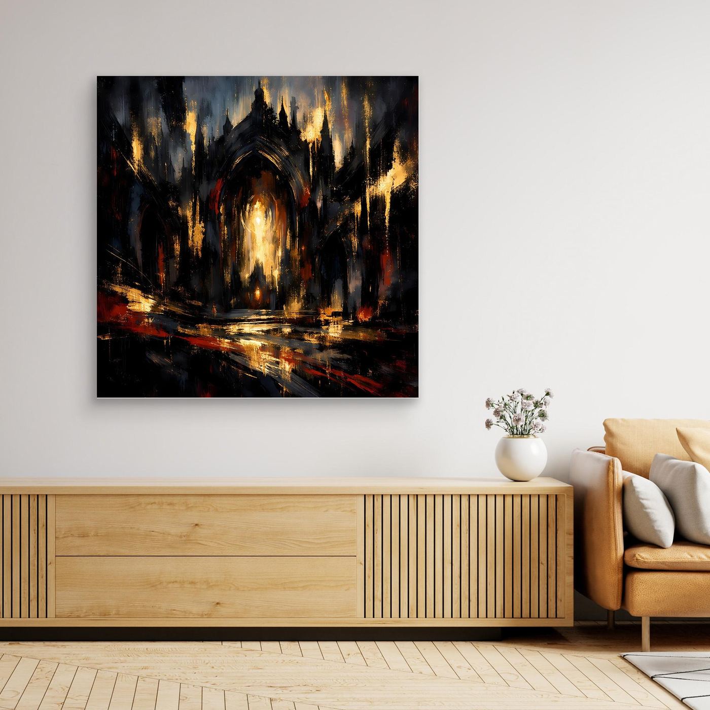 Leinwandbild abstrakte gotische Kathedrale, dunkel, goldene Lichter, schwarzer Rand
