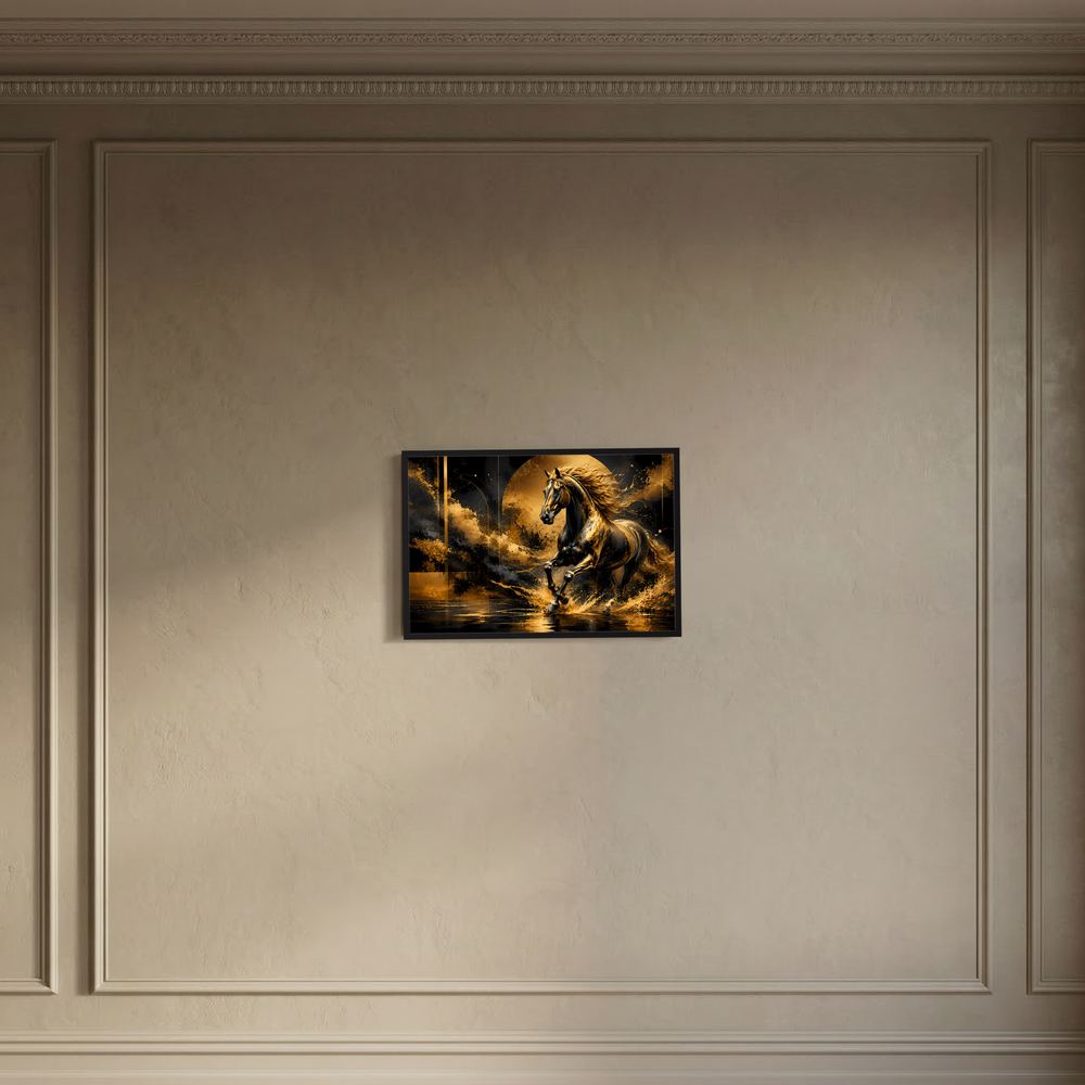 Wandposter im Querformat mit goldenem Pferdemotiv, schwarzer Rahmen