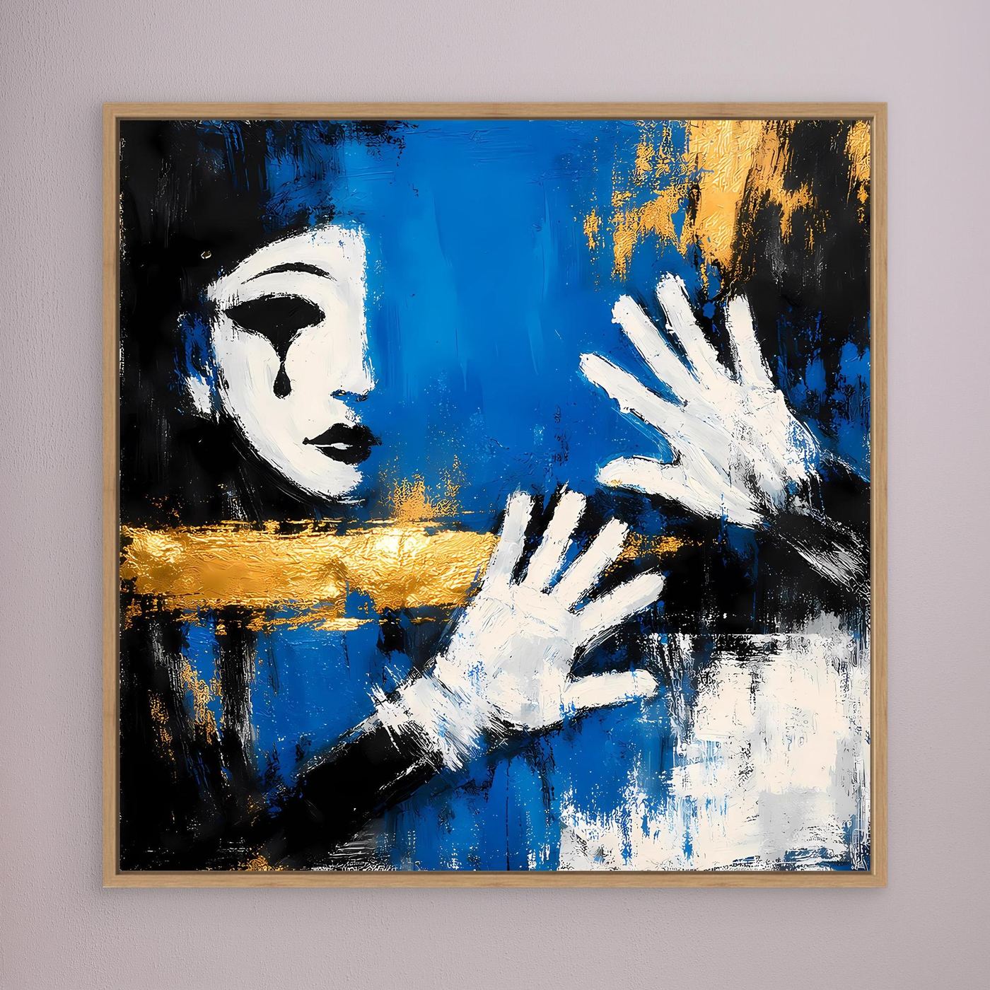 Leinwand Melancholischer Mime in Blau | Abstraktes Pierrot Wandbild Gold