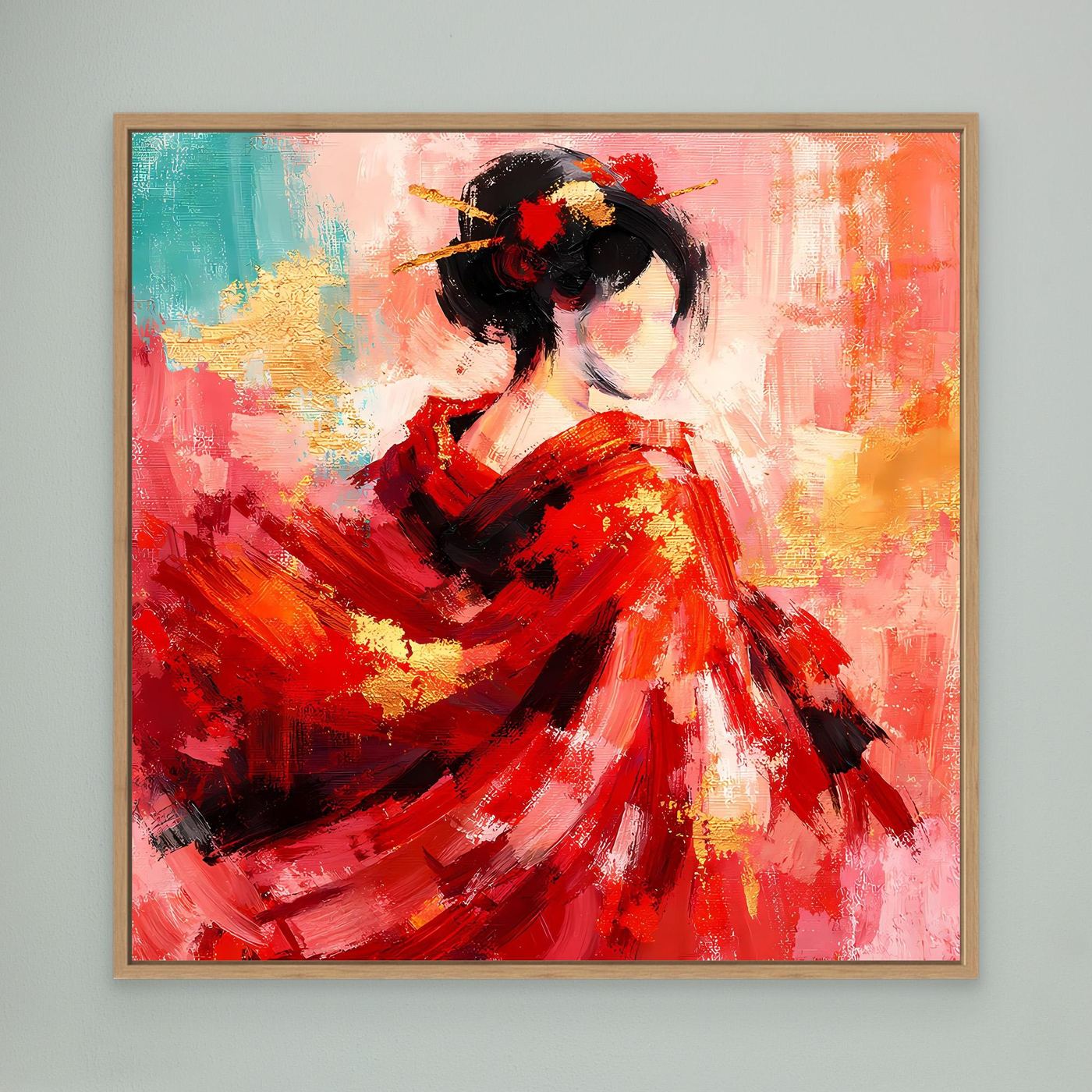 Leinwandbild mit Geisha-Porträt in Rot, schwarzem Haar, mit Holzrahmen