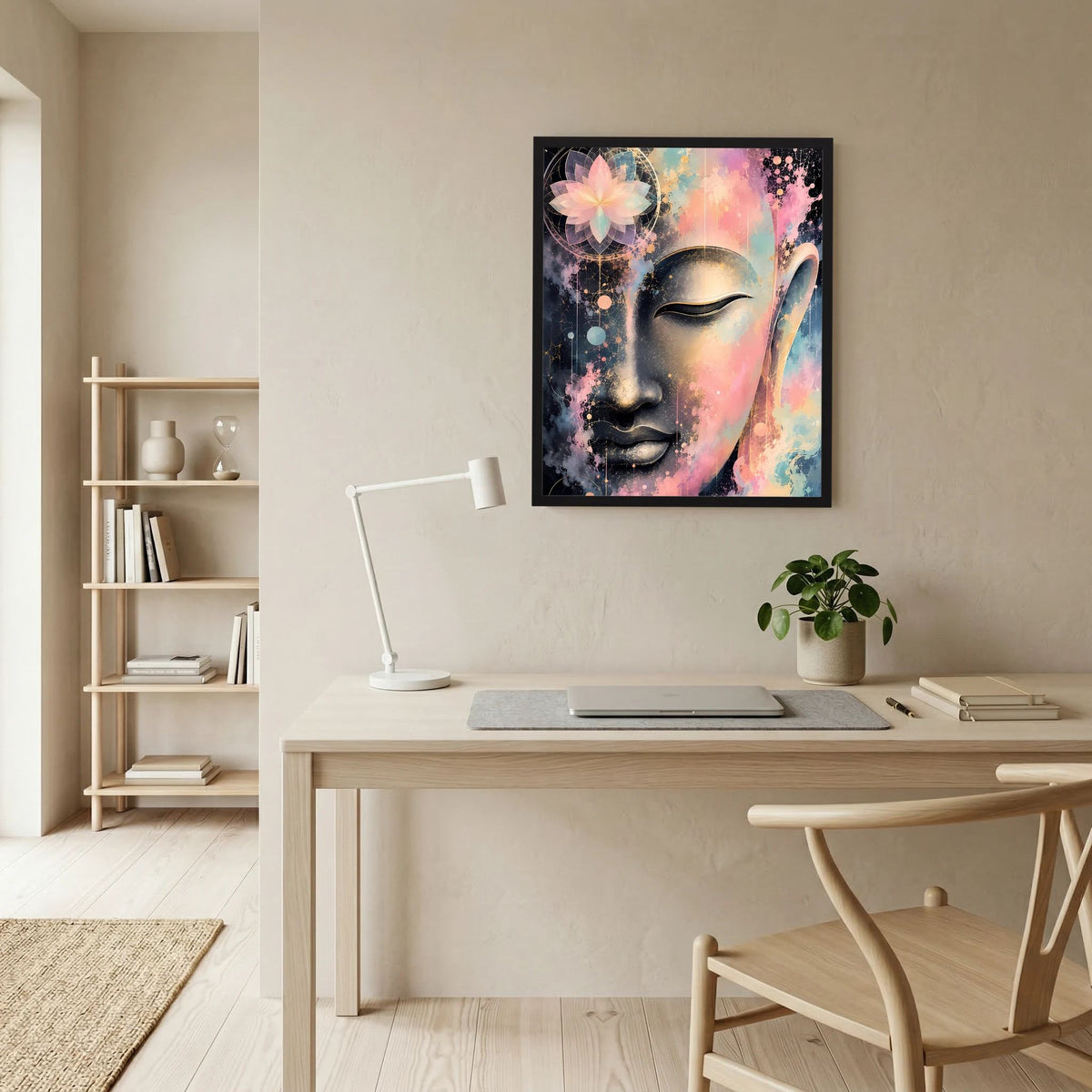 Buddha-Kunstposter im Hochformat mit abstraktem Gesicht: Pastellfarben, Gold & Schwarz, schwarzer Rahmen