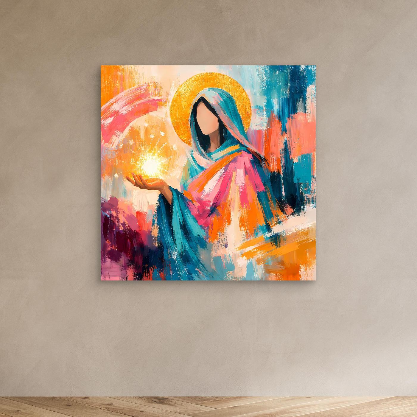 Wandbild: Mariafigur mit Heiligenschein, buntes Gewand und Kerze, abstrakte Farbflächen