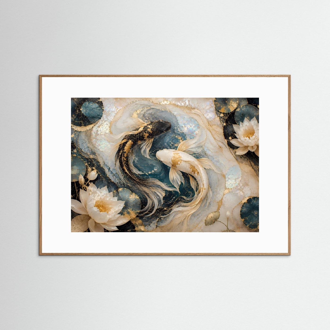 Japanisches Kunstposter mit Koi-Fischen und Lotusblüten, goldbraun gerahmt, Querformat