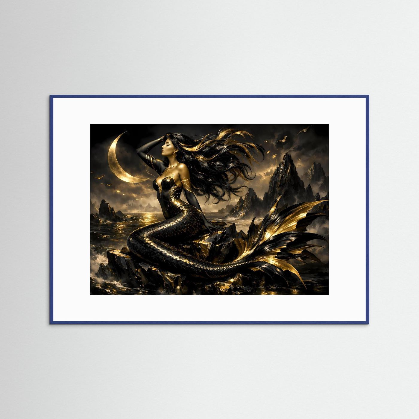 Poster mit Meerjungfrau-Fantasymotiv in blauem Holzrahmen
