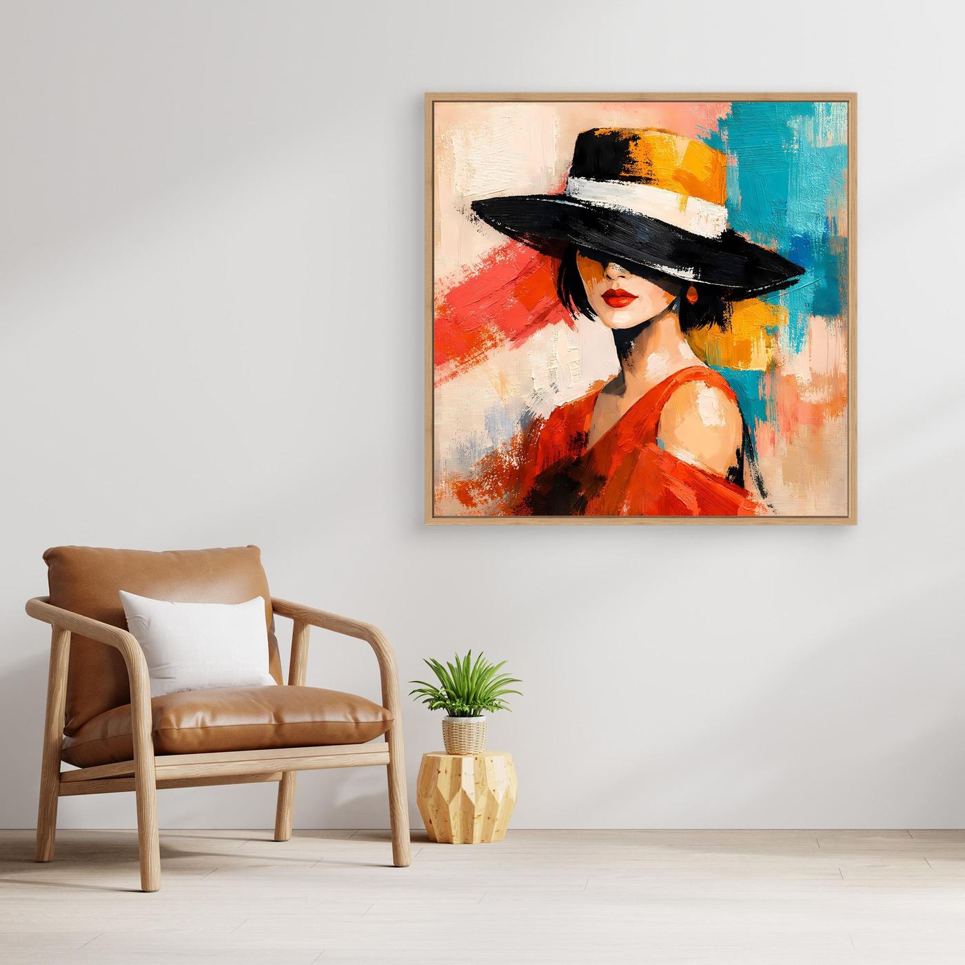 Abstract portrait wall art with warm wood frame: woman in black hat and red dress
