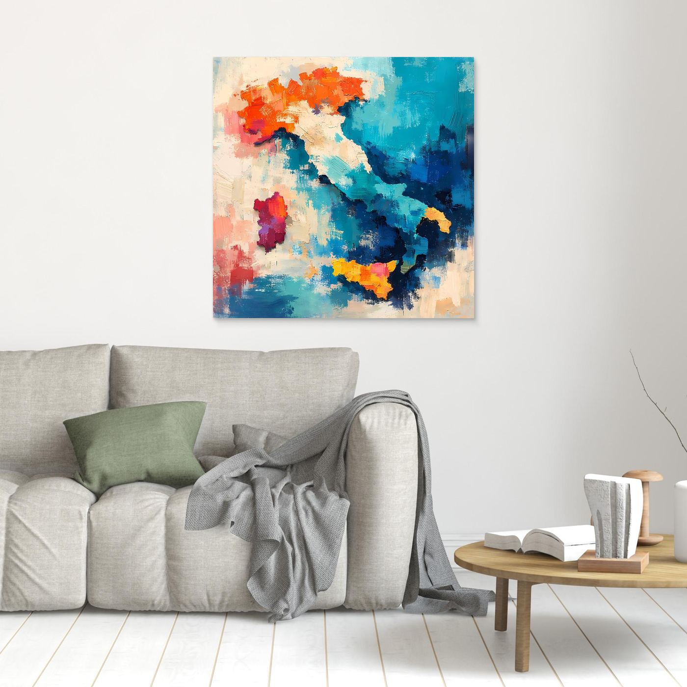 Small abstract Italy map canvas wall art, blue and orange paint textures on white background.