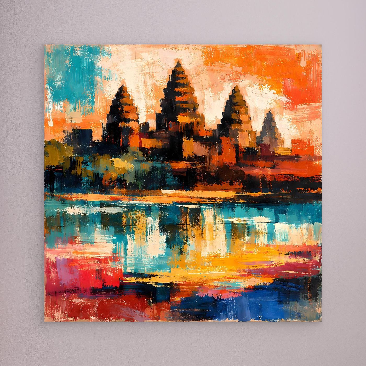 Leinwand-Wandbild mit abstrakter Maya-Pyramide, orange-blaue Farbfelder, ohne Rahmen.