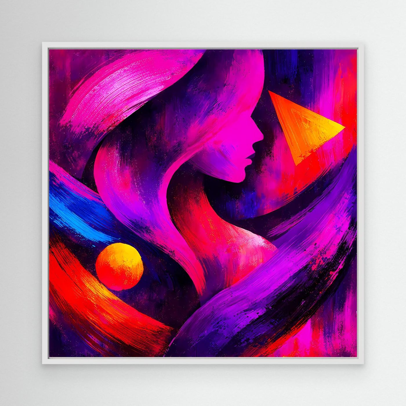 Neon-Pop-Art Leinwandbild: abstrakte Frauensilhouette, weißer Rahmen