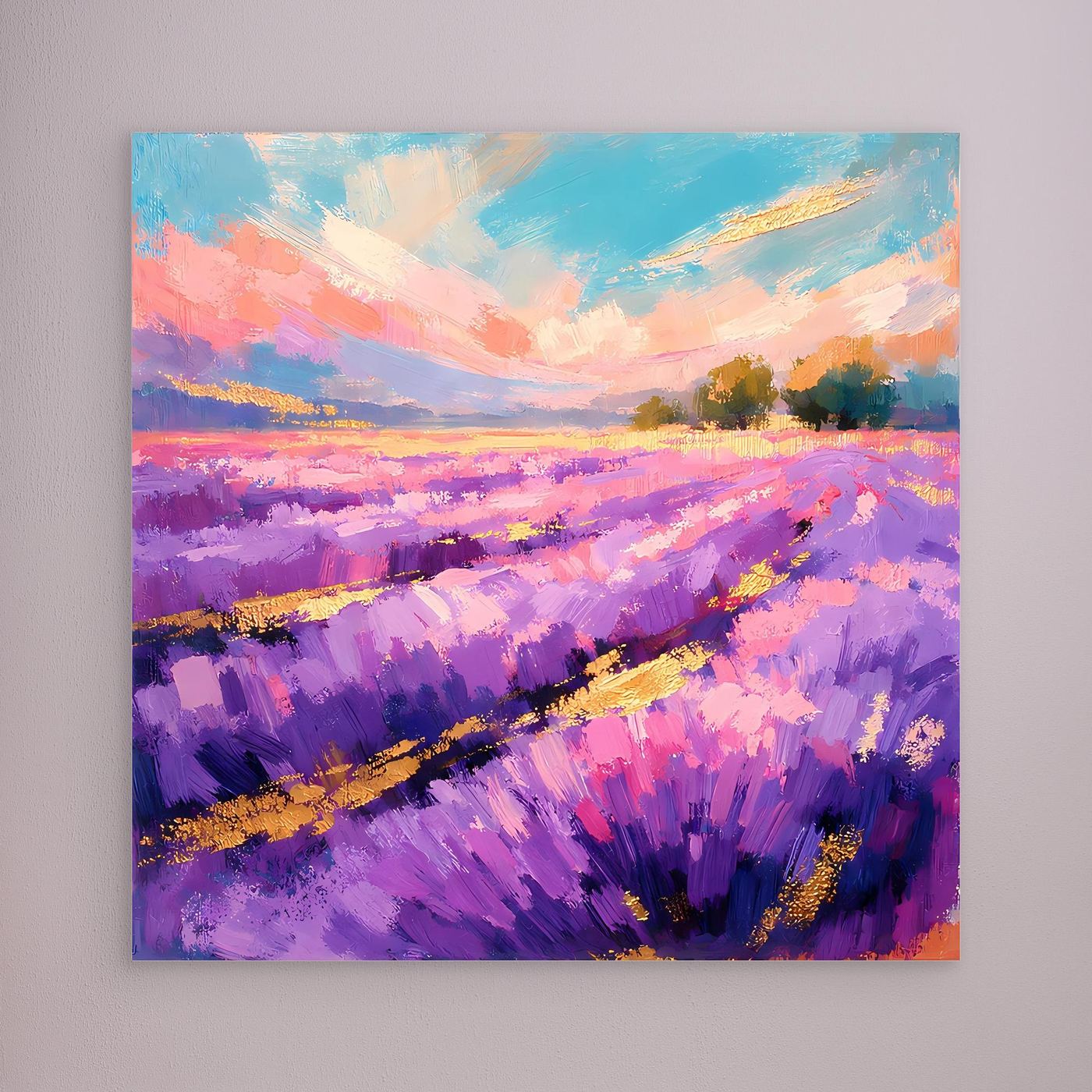 Leinwandbild mit abstrakter Lavendel-Landschaft in Violett und goldenen Akzenten, ohne Rahmen