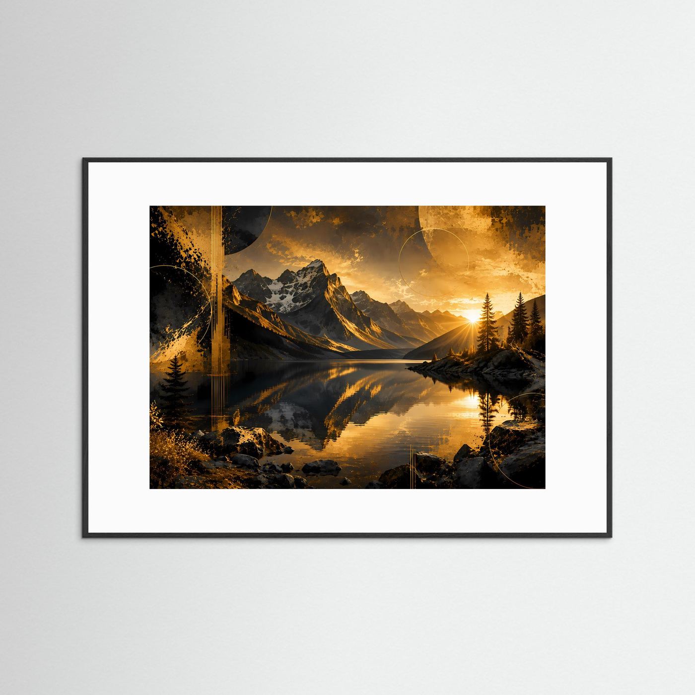 Querformat-Poster mit Bergsee-Landschaft in dunklem Gold, schwarzer Rahmen mit weißem Passepartout