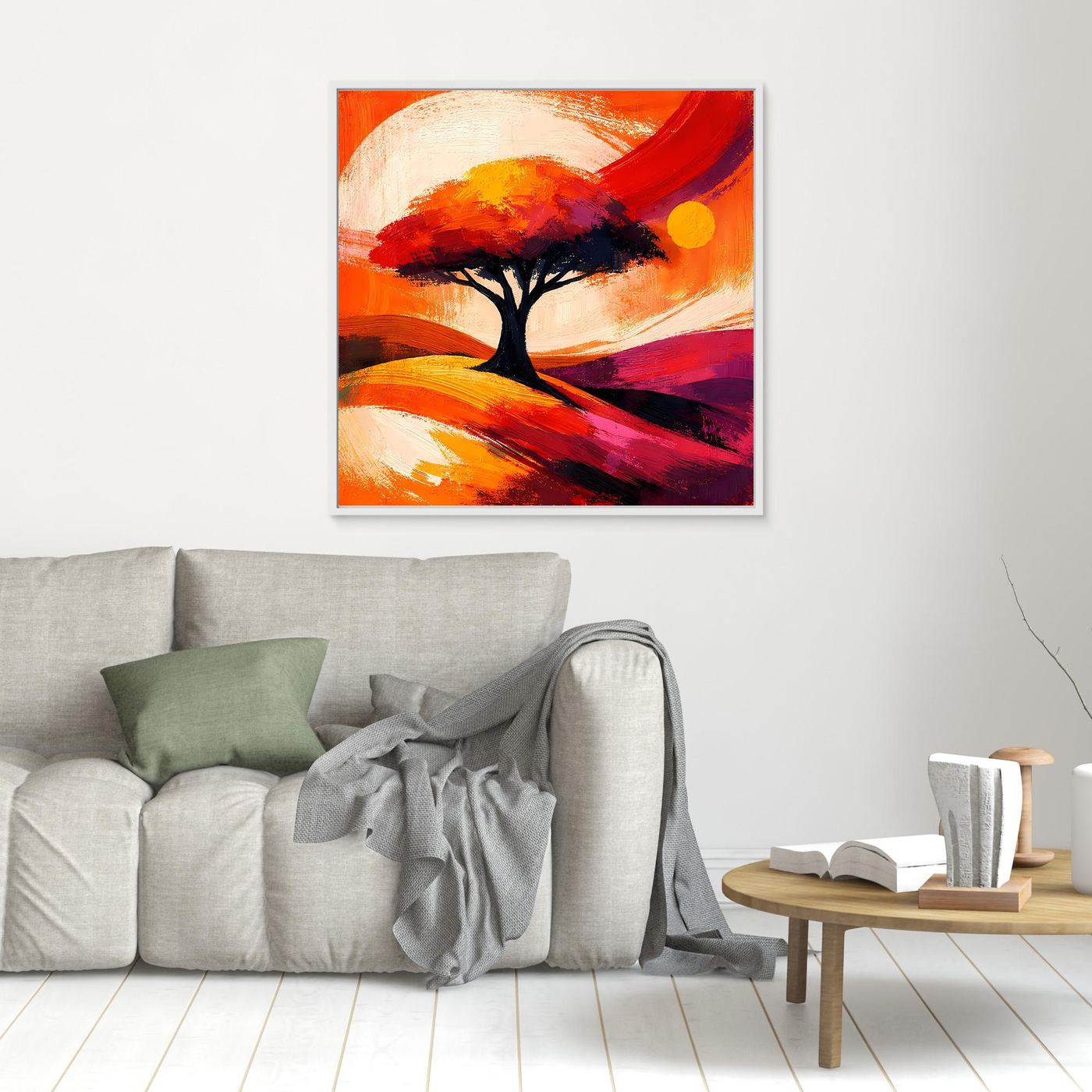 Leinwandbild mit abstraktem Baum in Orange-Rot, goldfarbener Rahmen