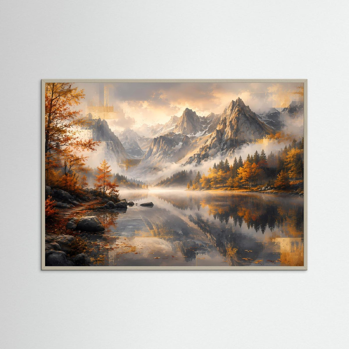 Poster im Querformat mit Berglandschaft und See; grauer Rahmen, goldene Herbstbäume