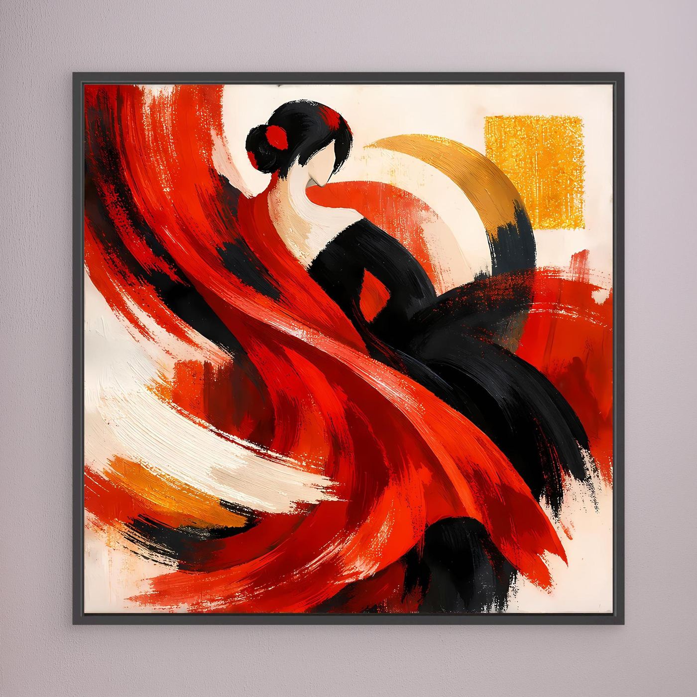 Leinwandbild mit abstrakter Flamenco-Tänzerin in Rot, Schwarz und Gold mit schwarzem Rahmen