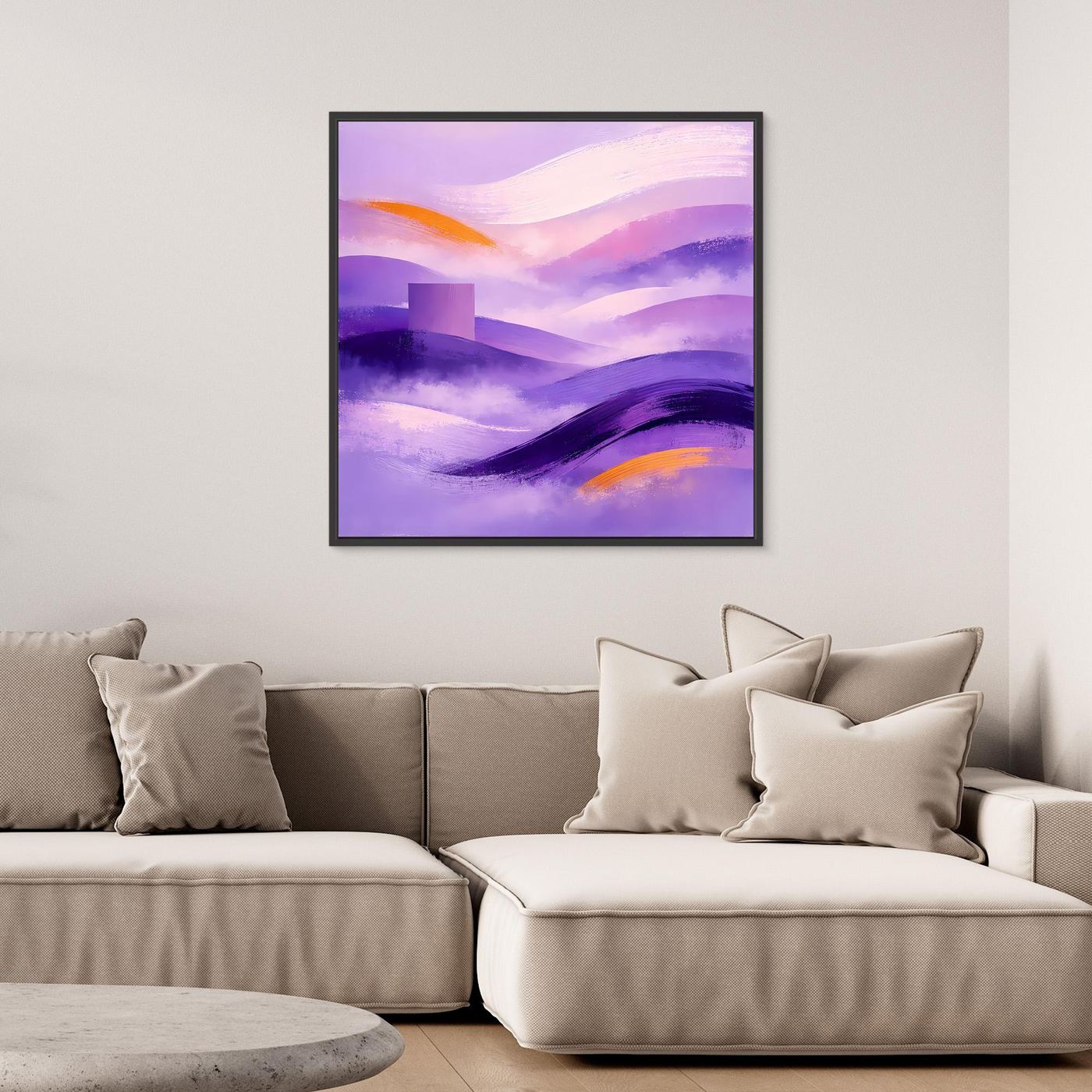 Leinwandbild mit abstrakter Berglandschaft in Lila und Violett, schwarzer Rahmen