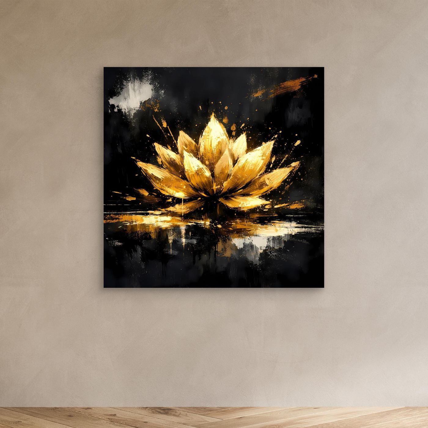 Leinwand Goldene Lotusblüte Abstrakt | Modernes Lotus Wandbild Schwarz Gold