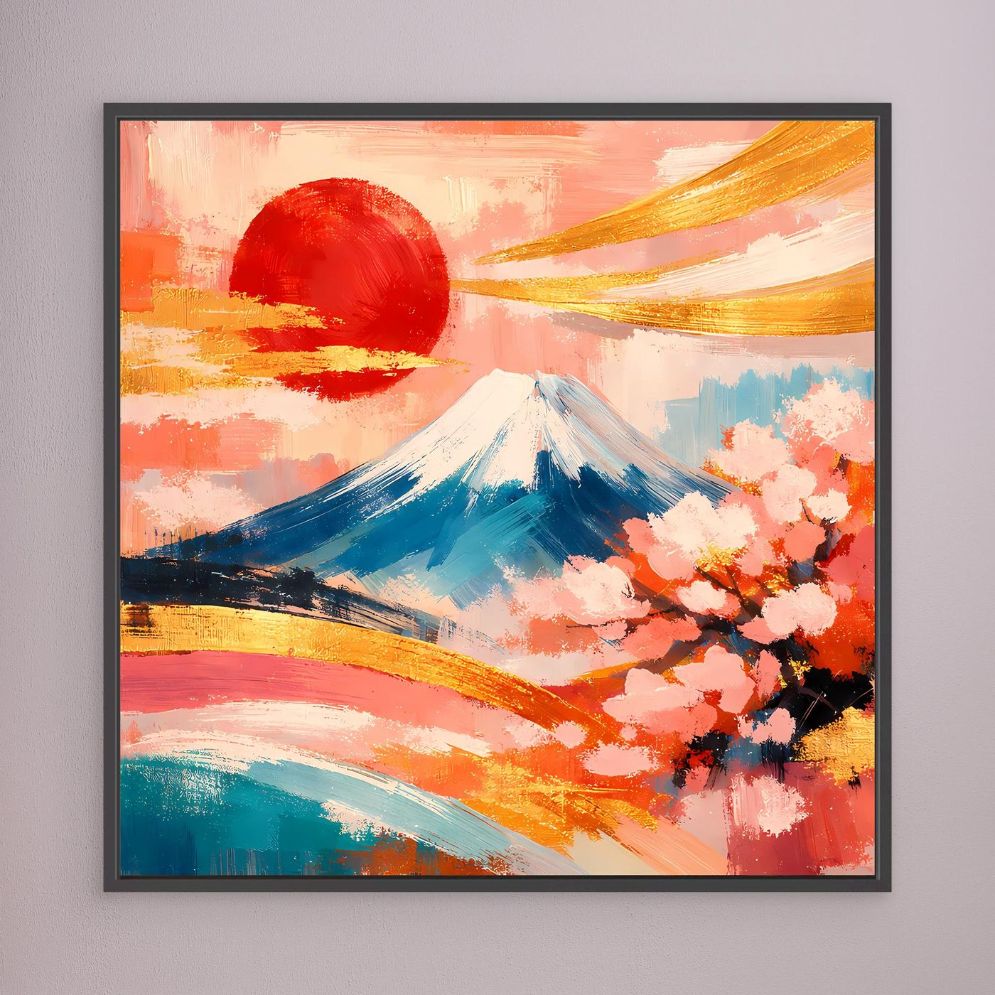Leinwandbild vom Fuji mit Kirschtblüten, abstrakte Pinseloptik, dunkel gerahmt