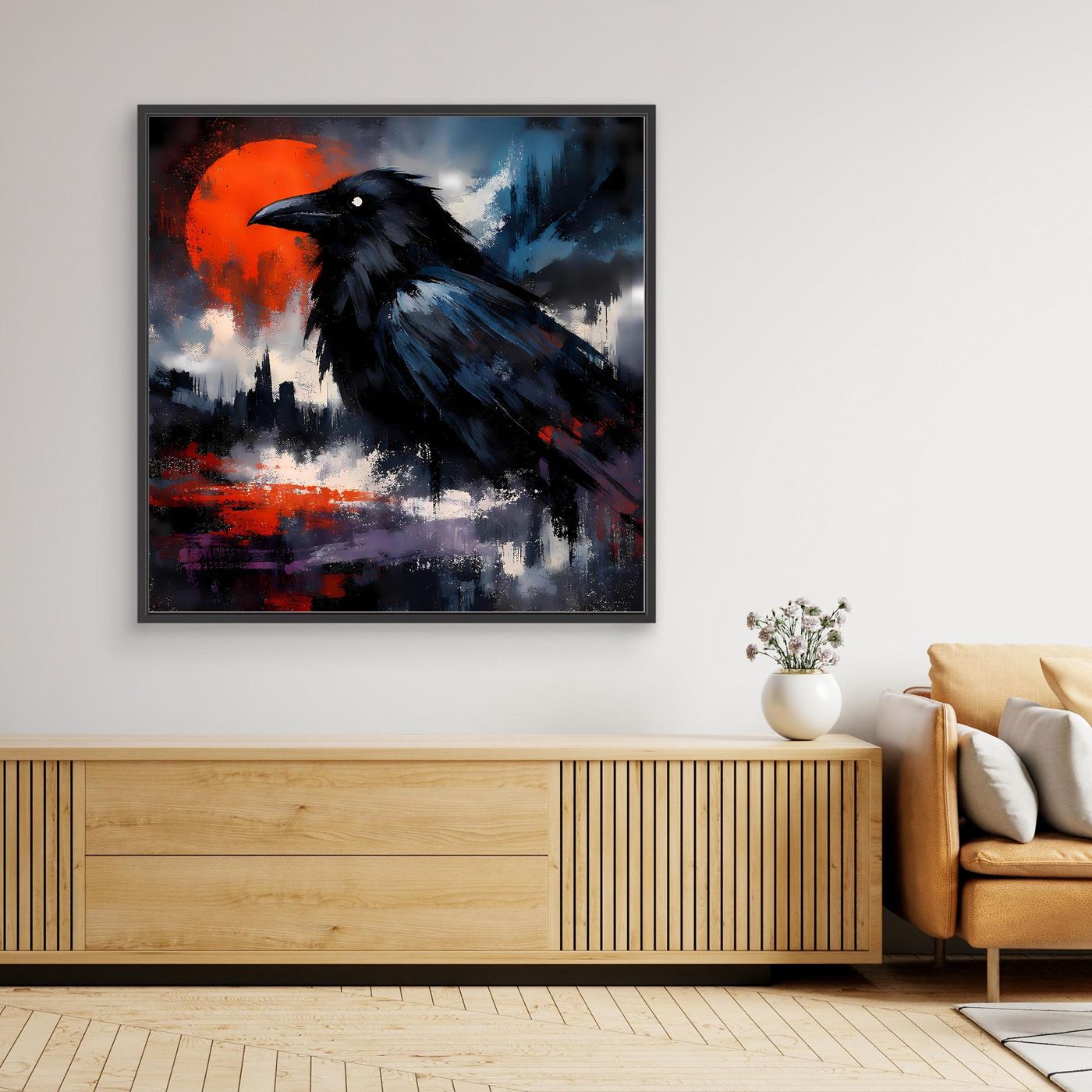 Schwarz gerahmtes Leinwandbild mit schwarzem Raben vor rotem Mond, abstrakte Dark-Fantasy-Szene