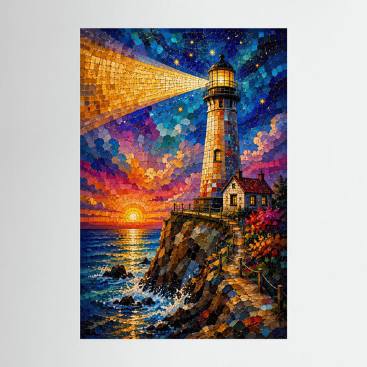 Poster mit farbenfrohem Mosaik-Leuchtturm an Küste bei Sonnenuntergang