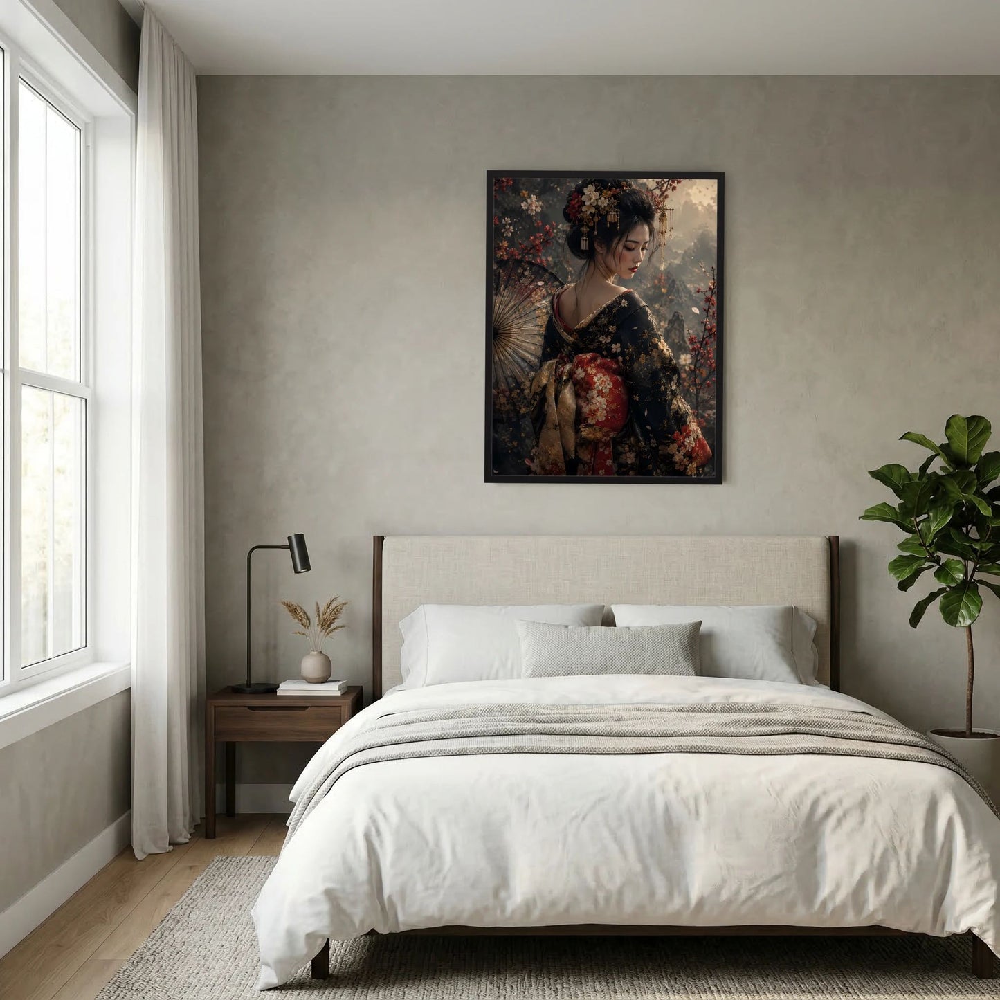 Wandposter im Hochformat: Geisha-Frau mit floralen Kimono-Ärmeln und rotem Muster