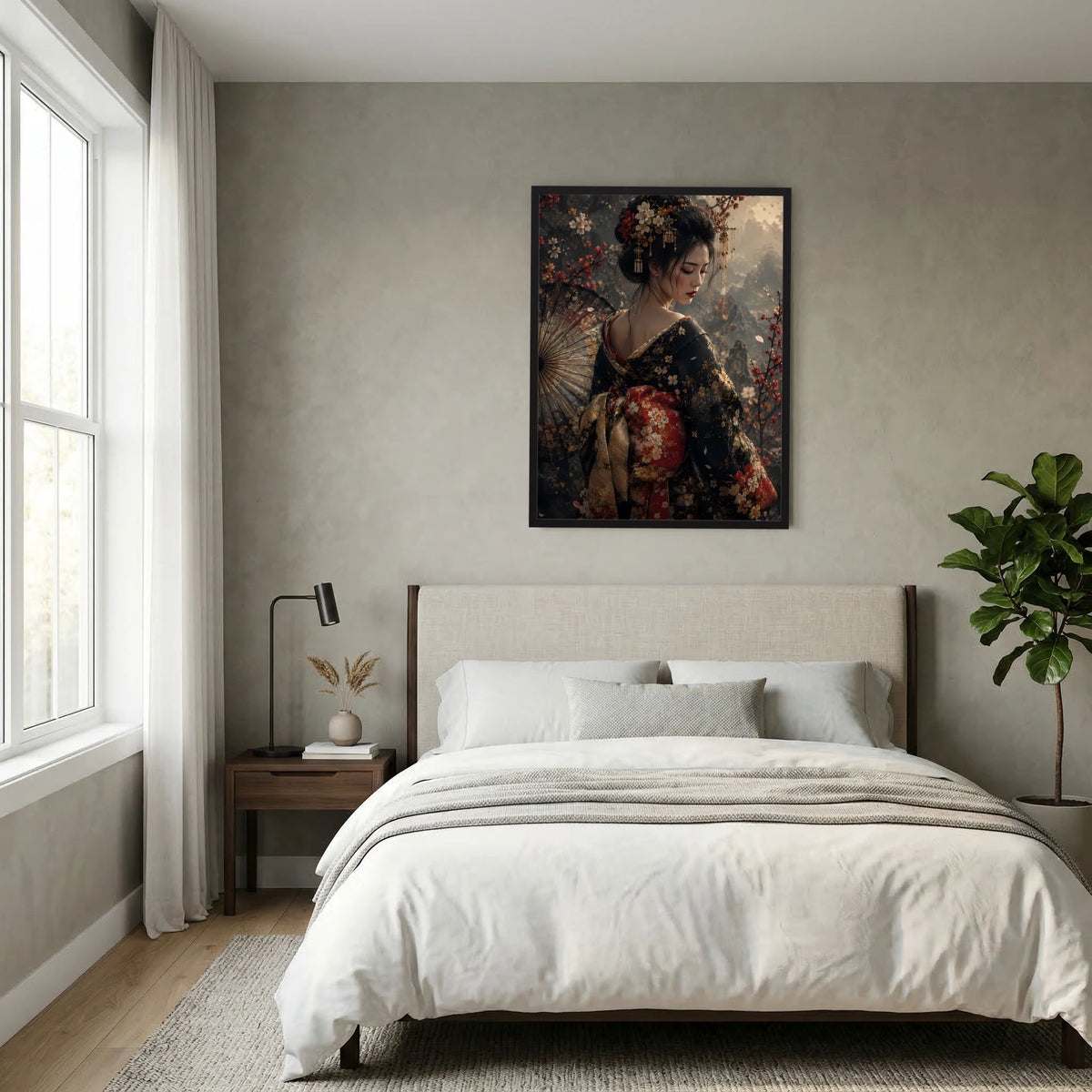 Wandposter im Hochformat: Geisha-Frau mit floralen Kimono-Ärmeln und rotem Muster