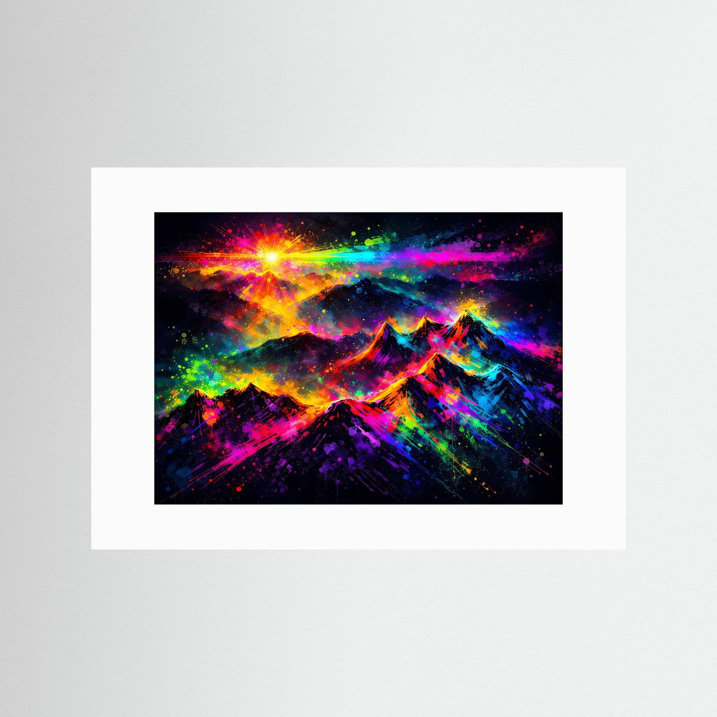 Poster mit Pop-Art-Gebirge und Sonnenaufgang, farbenfroher Druck, weißer Rand ohne Rahmen