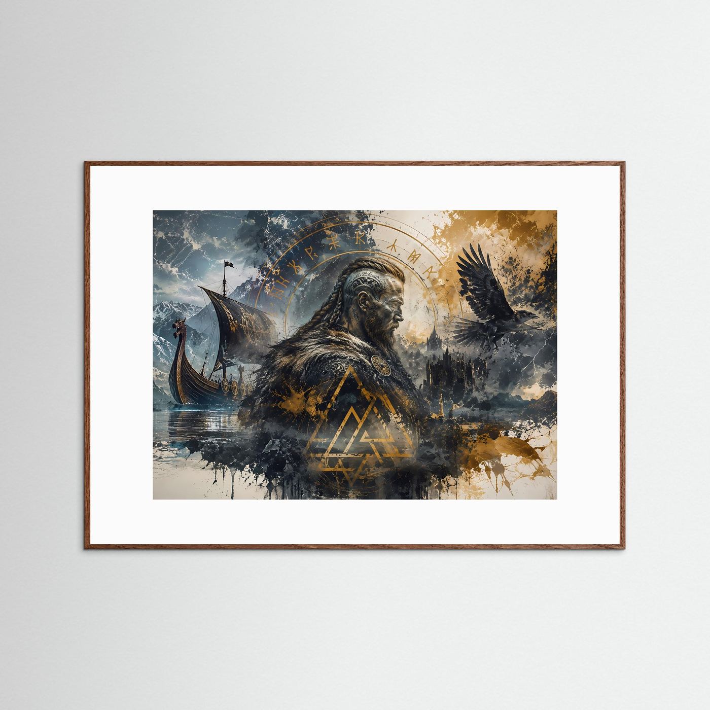 Wikinger Poster | Nordische Mythologie Wandbild | Viking Kunst mit Rabe & Langschiff | Ragnarök Runen | Skandinavische Fine Art