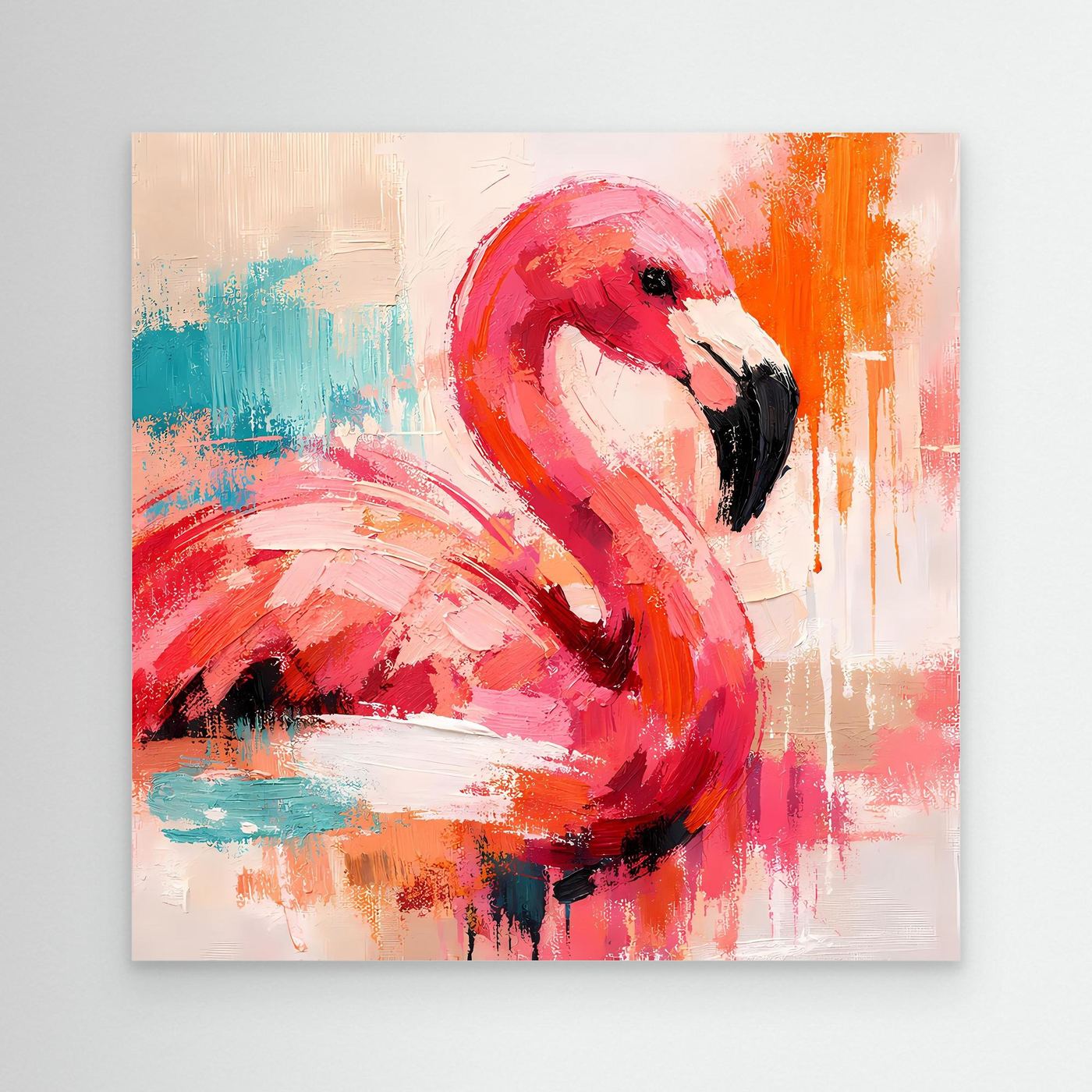 Leinwand-Wandbild mit abstraktem Flamingo in Pink und Blau, ohne Rahmen.