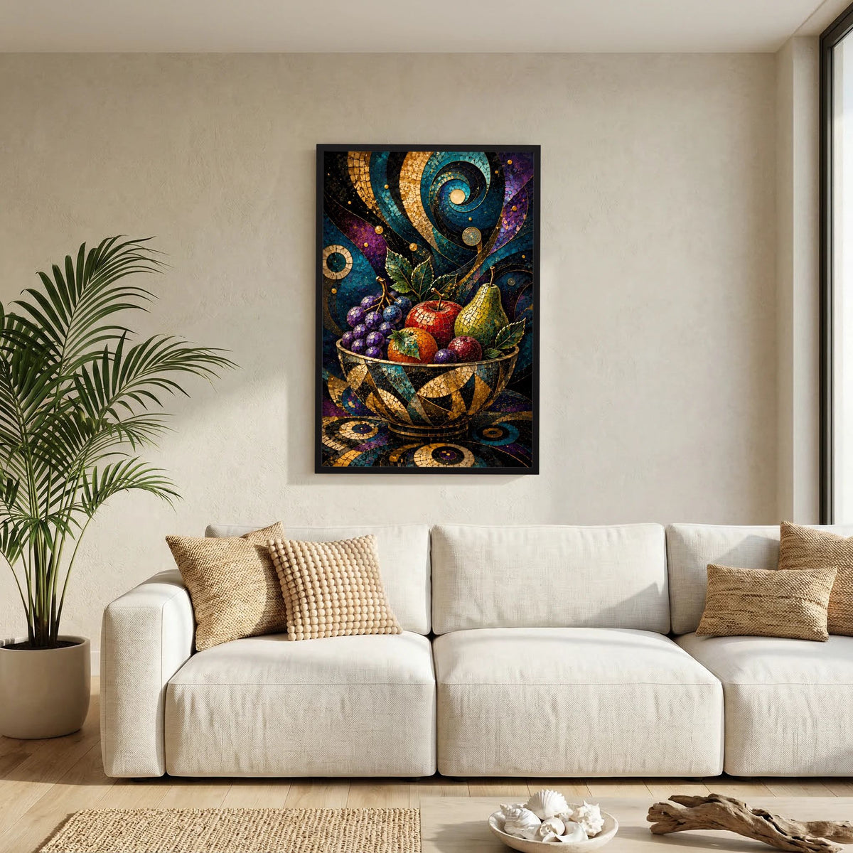 Gerahmtes Poster im Hochformat mit Mosaik-Obstschale und bunten Früchten