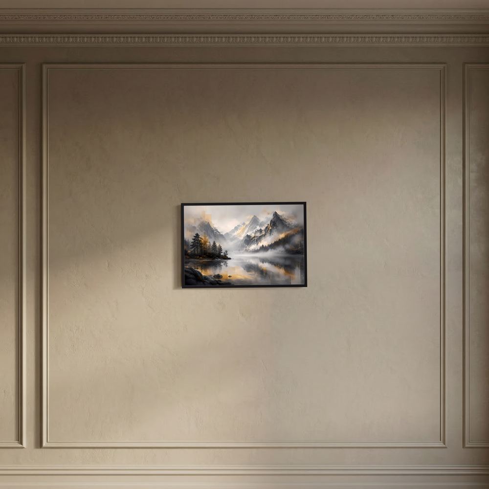 Kleines gerahmtes Poster mit nebligem Bergsee, Berge und Wald, Grau-Schwarz-Gold, dunkler Rahmen