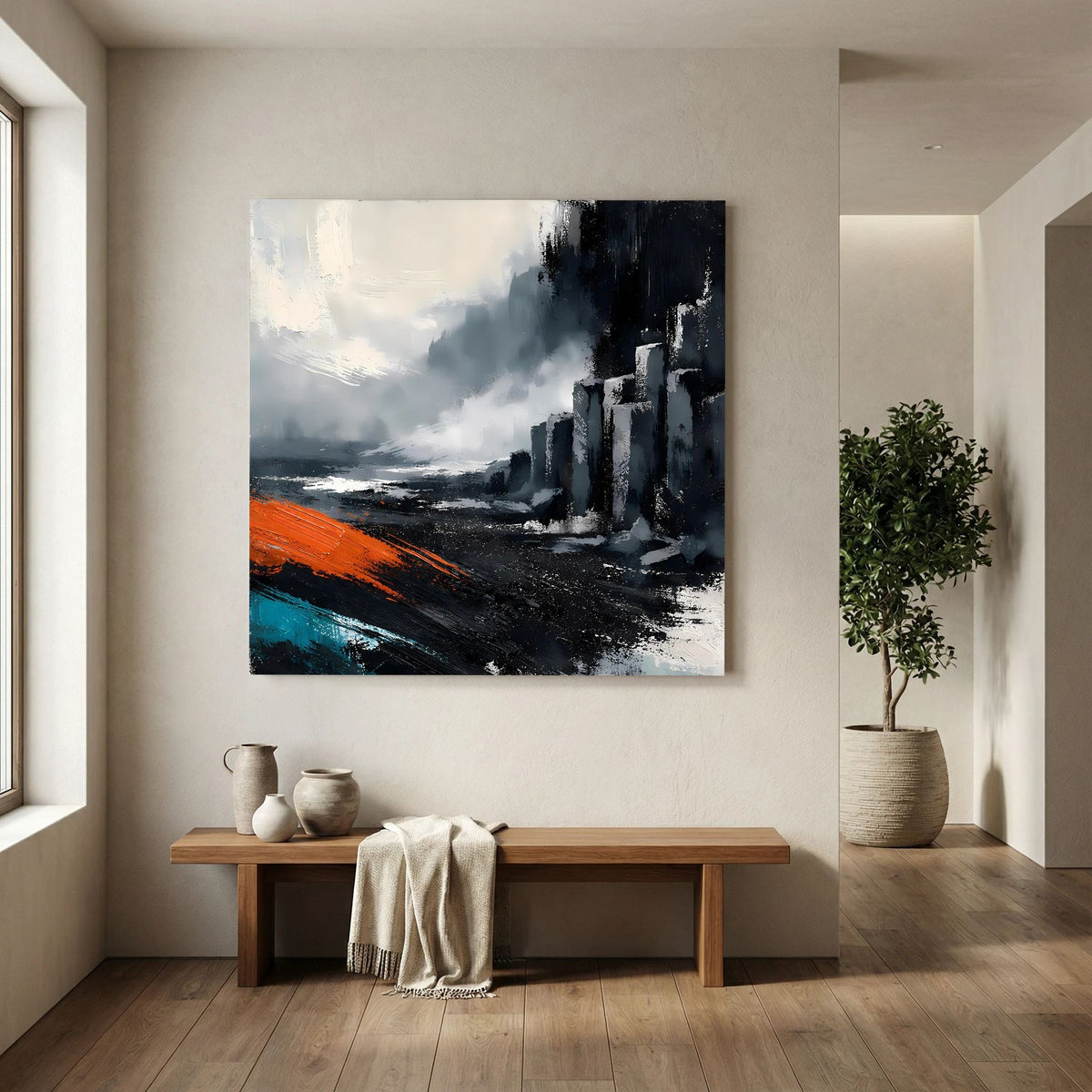 Leinwand Abstraktes Basaltsäulen Gemälde | Modernes Isländisches Vulkan Wandbild Schwarz Orange