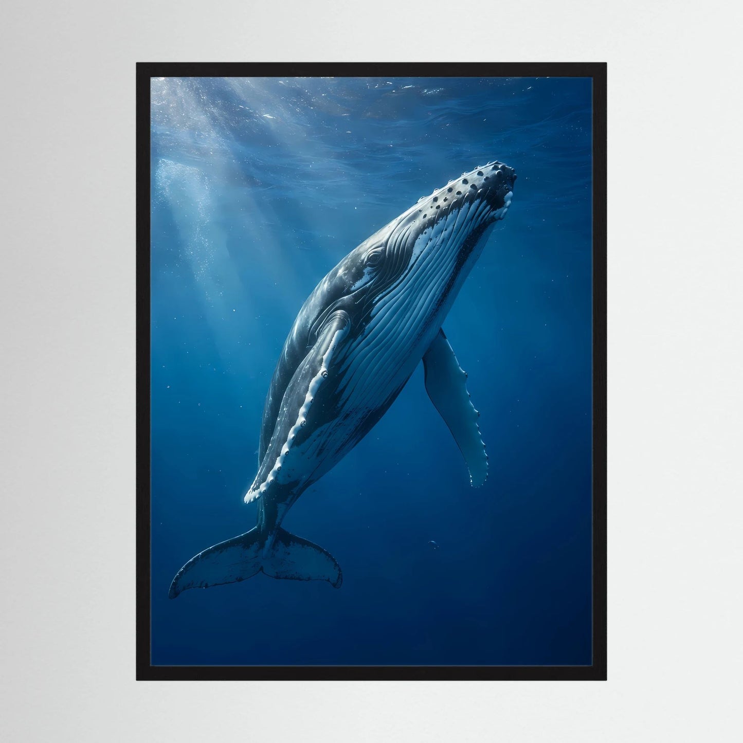 Hochformatiges Poster mit Buckelwal unter Wasser, im schwarzen Rahmen.