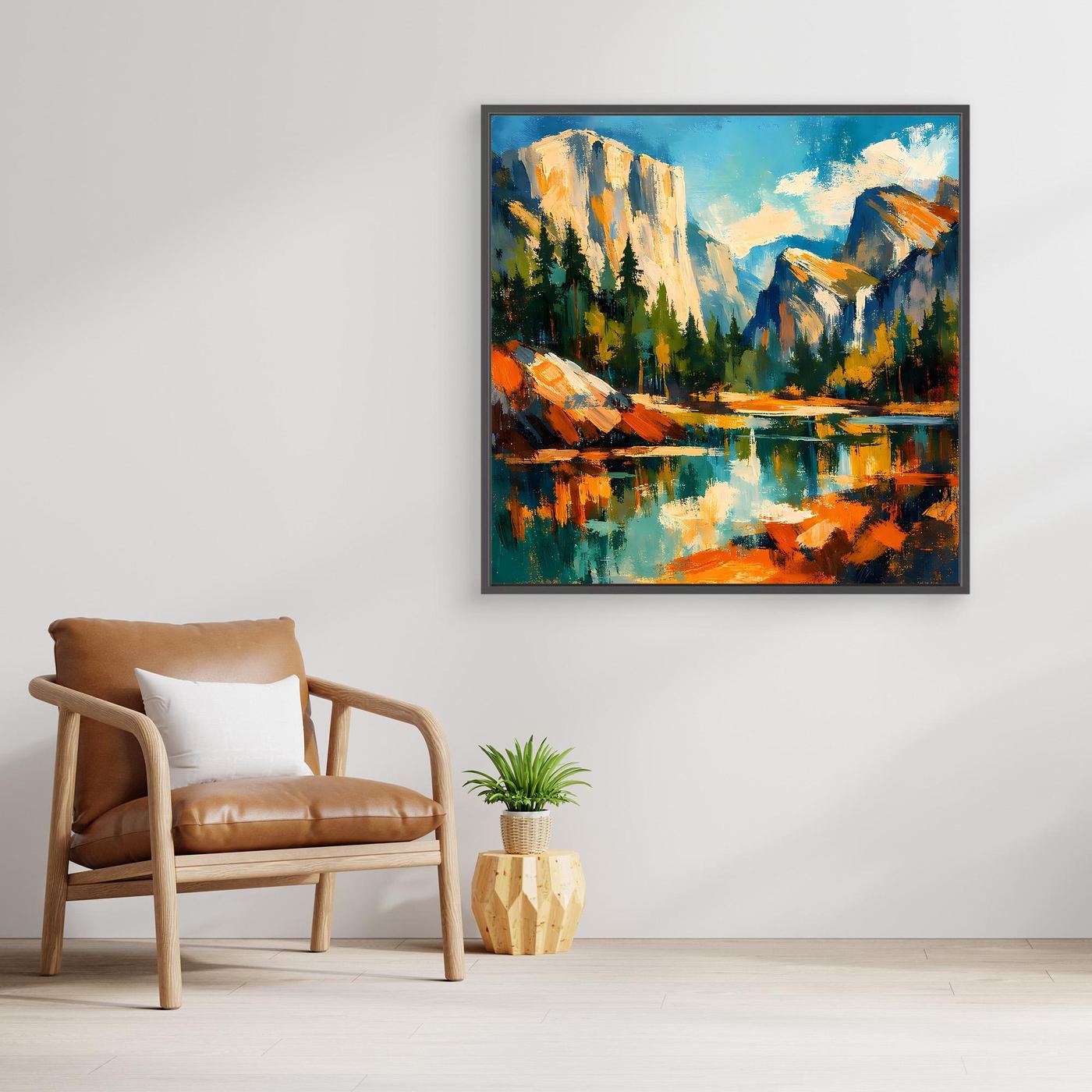 Leinwandbild mit Naturmotiv aus Bergen und See, abstrakt, mit hellem Holzrahmen