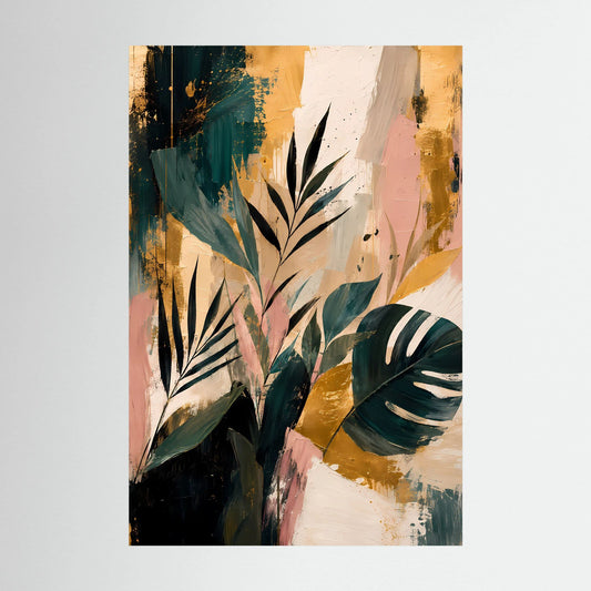 Abstrakte tropische Blätter | Botanische Kunst in Petrol, Rosa und Gold | Poster Hochformat