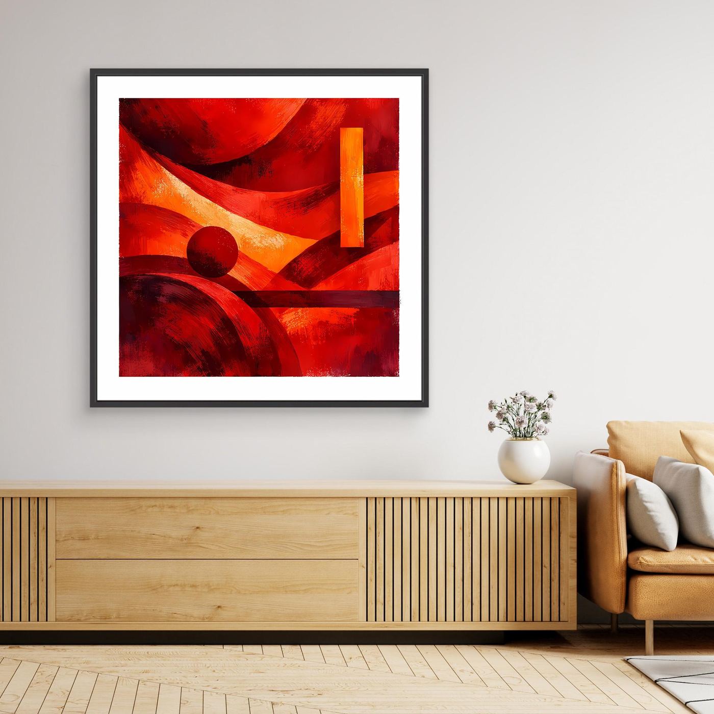 Abstraktes Leinwandbild: rote und orange Geometrien auf schwarzem Muster, schwarzer Rahmen