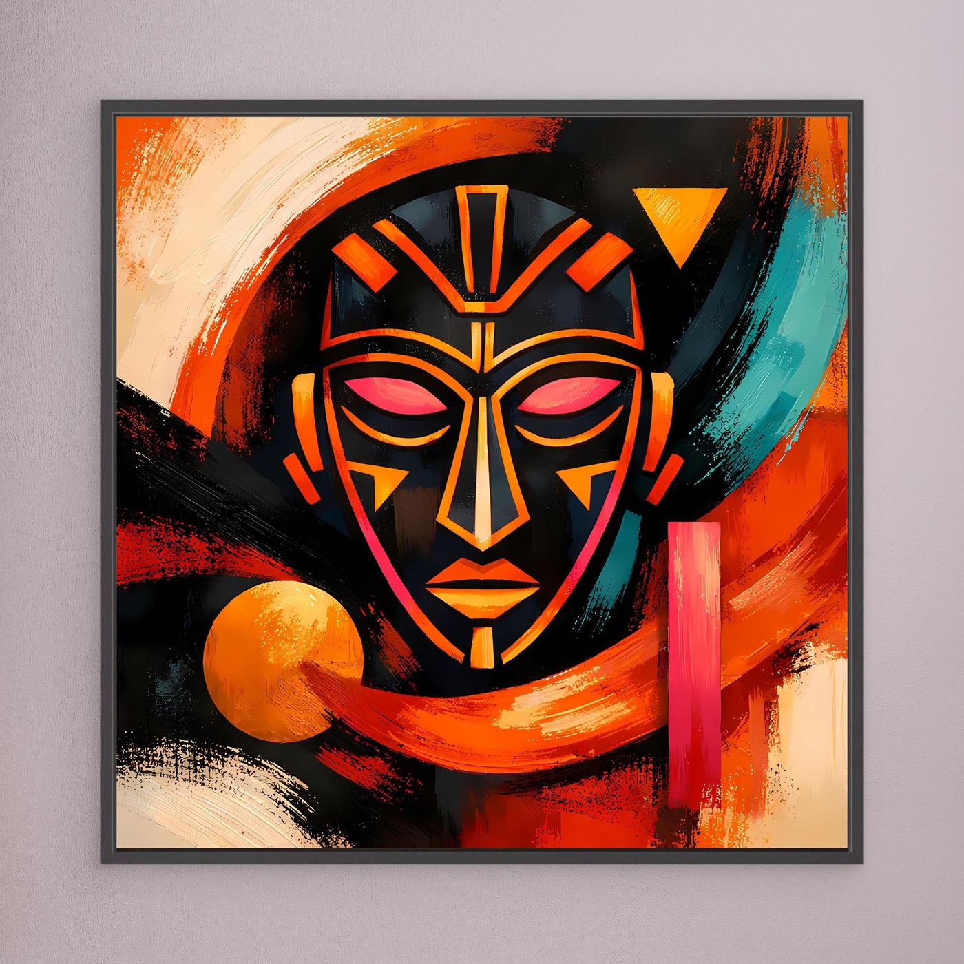 Leinwandbild mit abstrakter Afrikamaske, orange, türkis und rot, schwarze Formen im schwarzen Rahmen