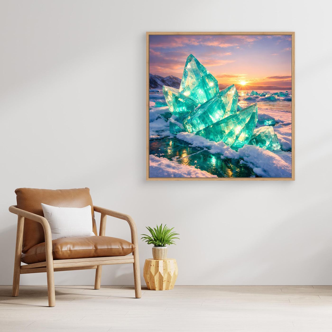 Leinwandbild mit türkisgrünen Eiskristallen im Winter bei Sonnenuntergang, goldener Holzrahmen