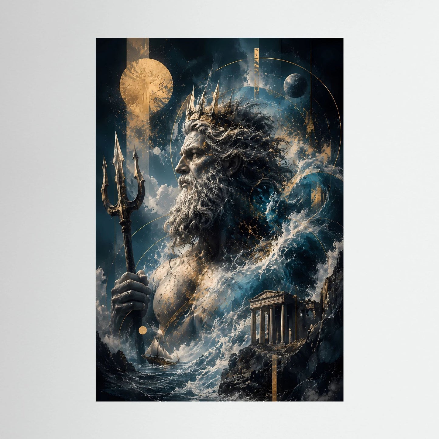 Hochformat-Poster mit Poseidon-Profil, Dreizack und tosenden Meereswellen