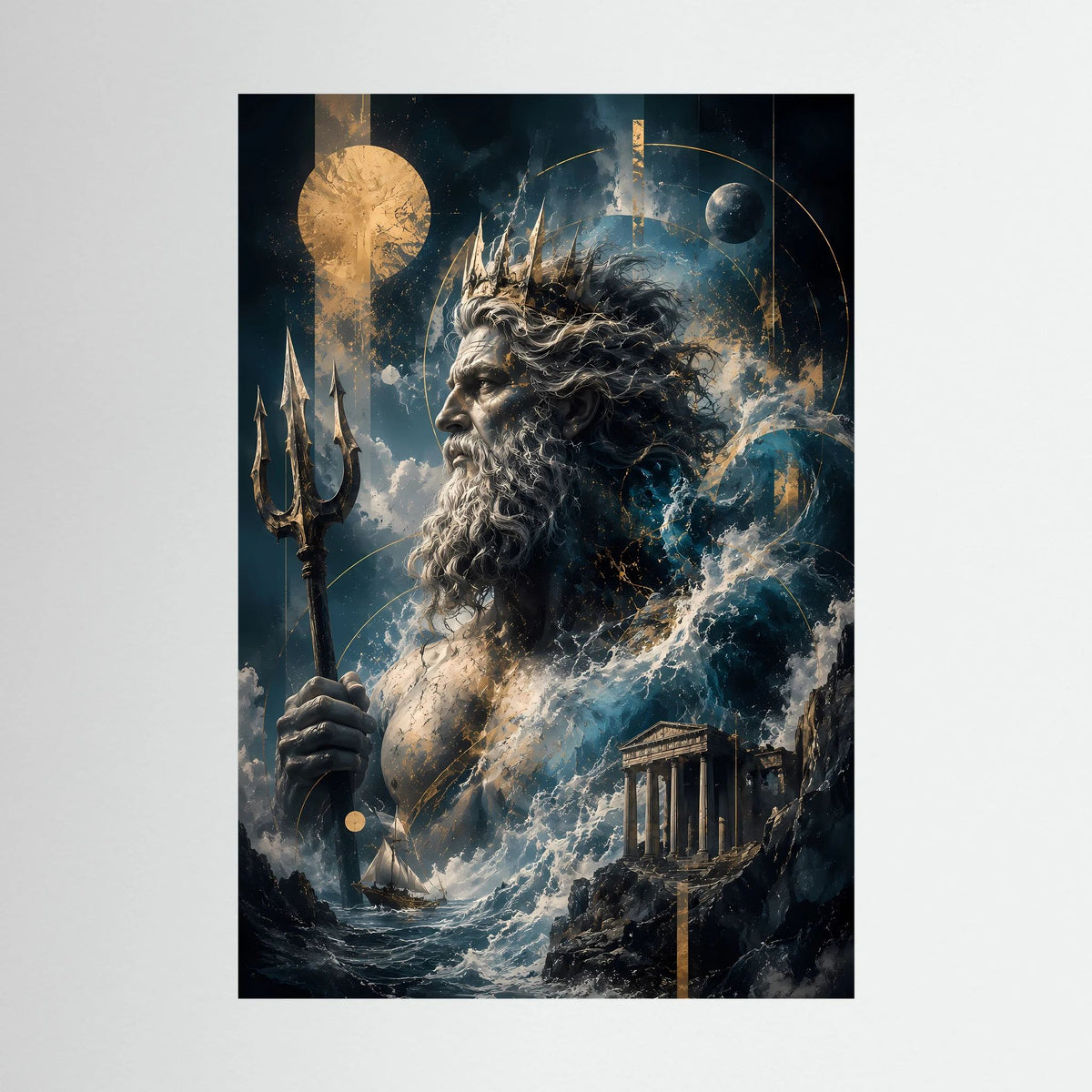 Hochformat-Poster mit Poseidon-Profil, Dreizack und tosenden Meereswellen