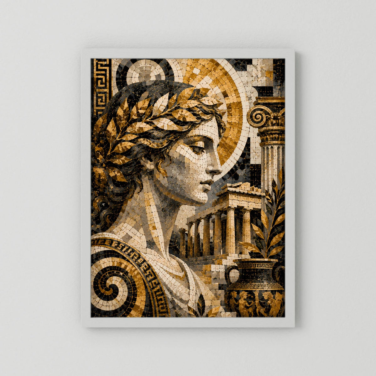 Poster mit Mosaikbild der Göttin, Gold- und Schwarztöne, schwarzer Rahmen