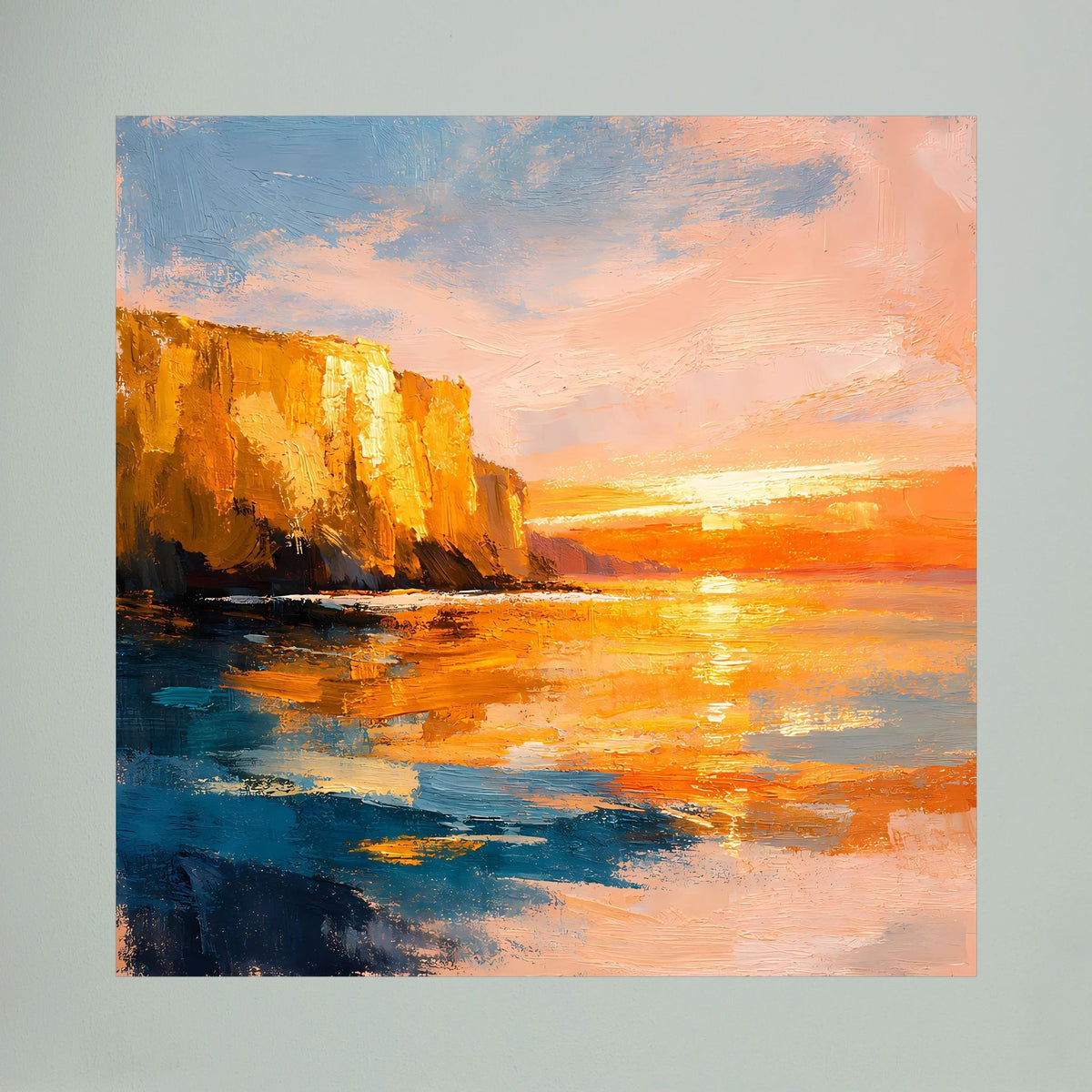 Leinwand-Wandbild: abstrakte Küste mit orangefarbenem Sonnenuntergang und spiegelndem Wasser