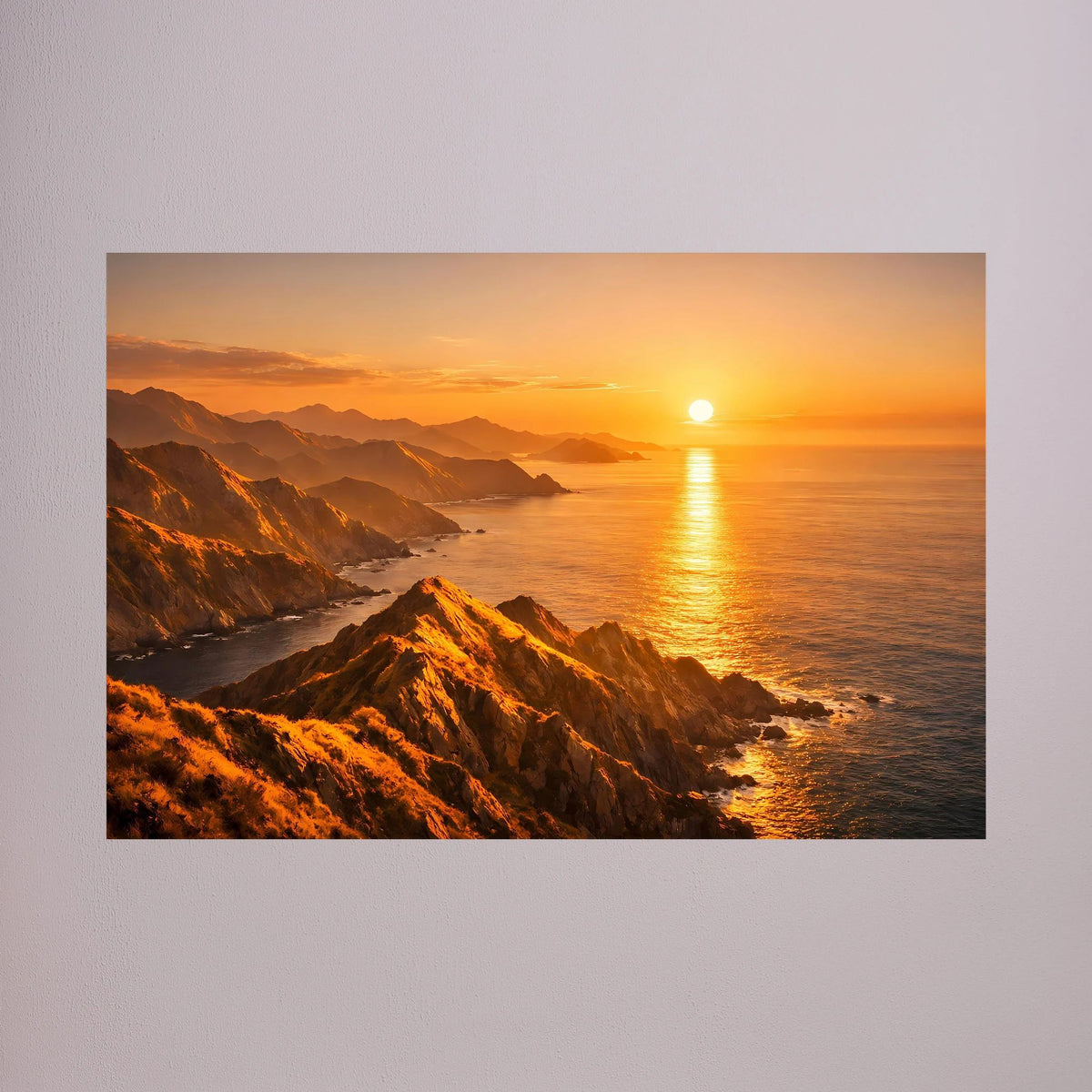 Wandbild-Poster mit Sonnenuntergang über Küstenklippen, Sonne am Horizont über dem Meer