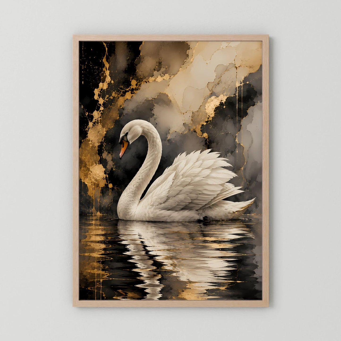 Gerahmtes Poster mit weißem Schwan im Wasser, Gold-Schwarz-Abstraktion, hellbrauner Rahmen